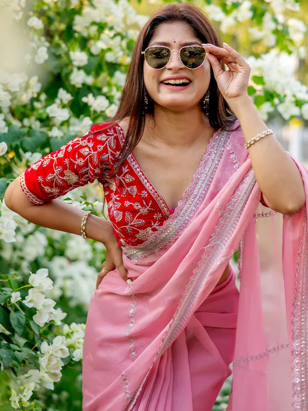 Odette Pink Organza Embroidered Saree with Stitched Blouse for Women - Image 4