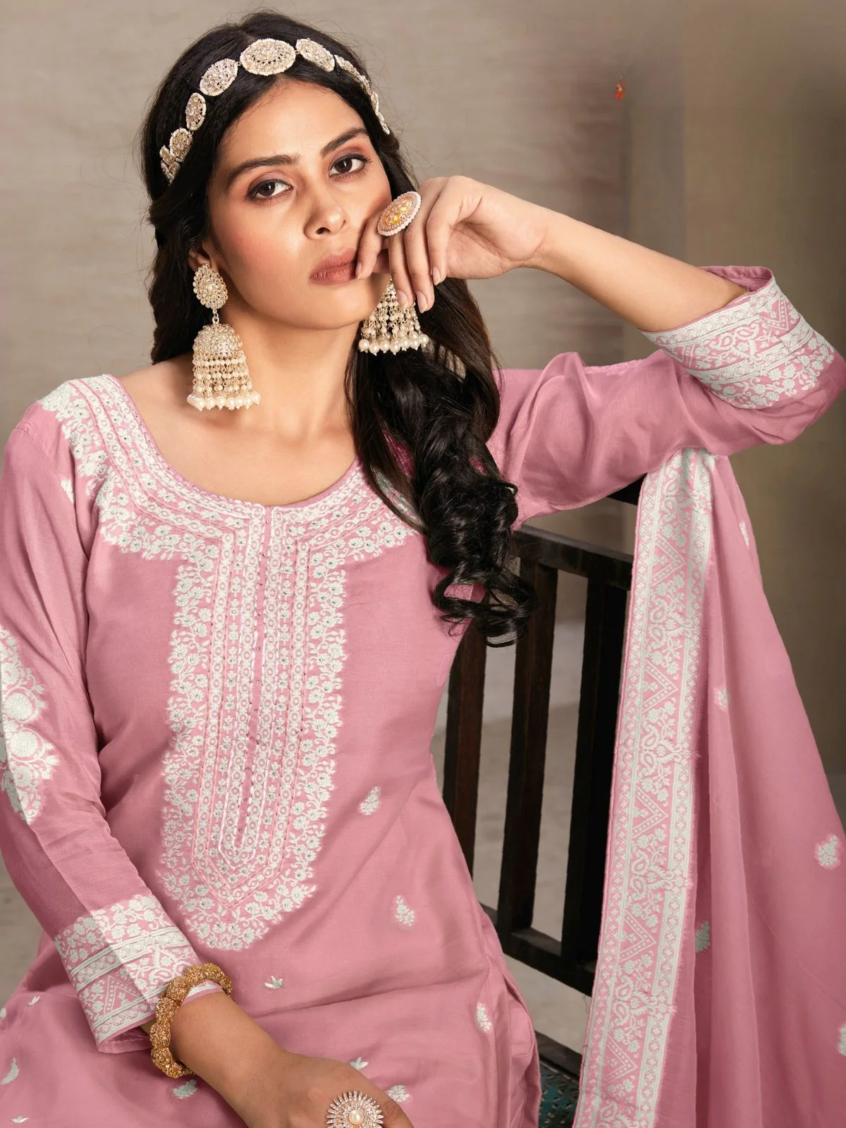 Odette Pink Organza Embroidered Semi-Stitched Kurta Set For Women - Image 2