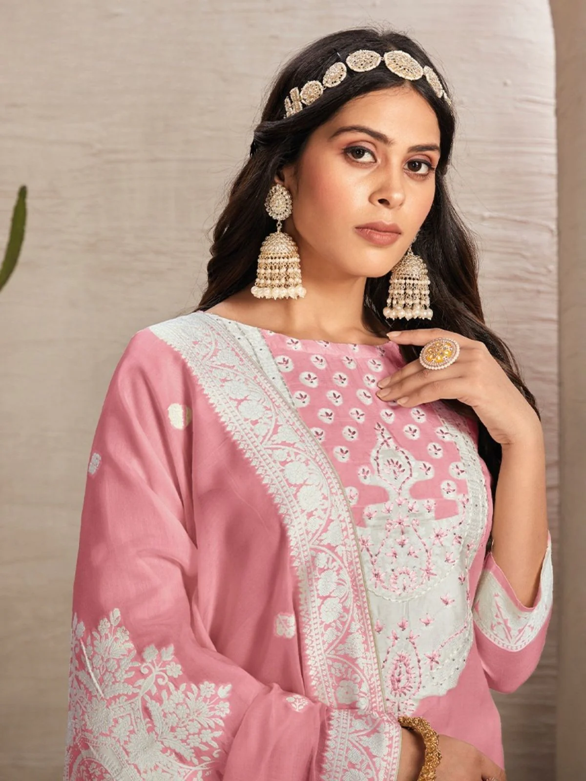 Odette Pink Organza Embroidered Semi-Stitched Kurta Set For Women - Image 2