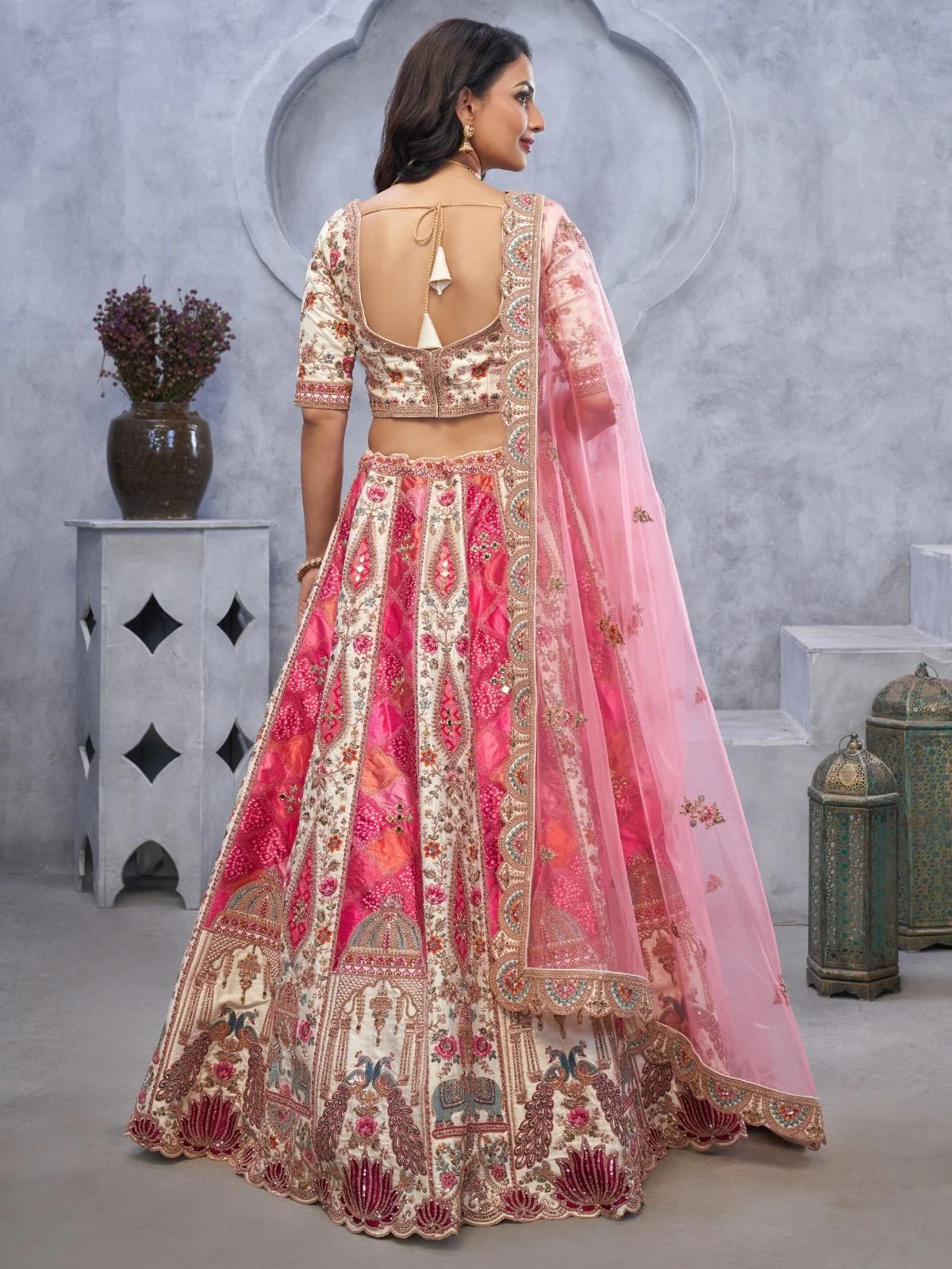 Odette Pink Organza  Embroidered Semi-Stitched Lehenga With Unstitched Blouse For Women - Image 3