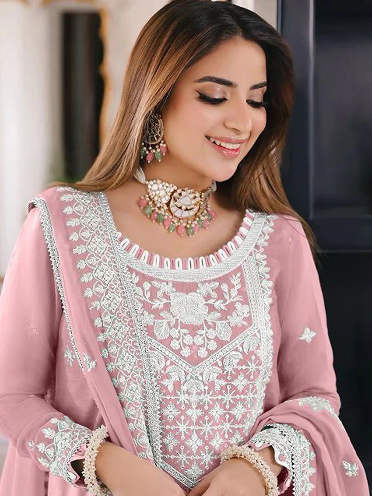 Odette Pink Organza Embroidered Semi Stitched Salwar Suit For Women - Image 2