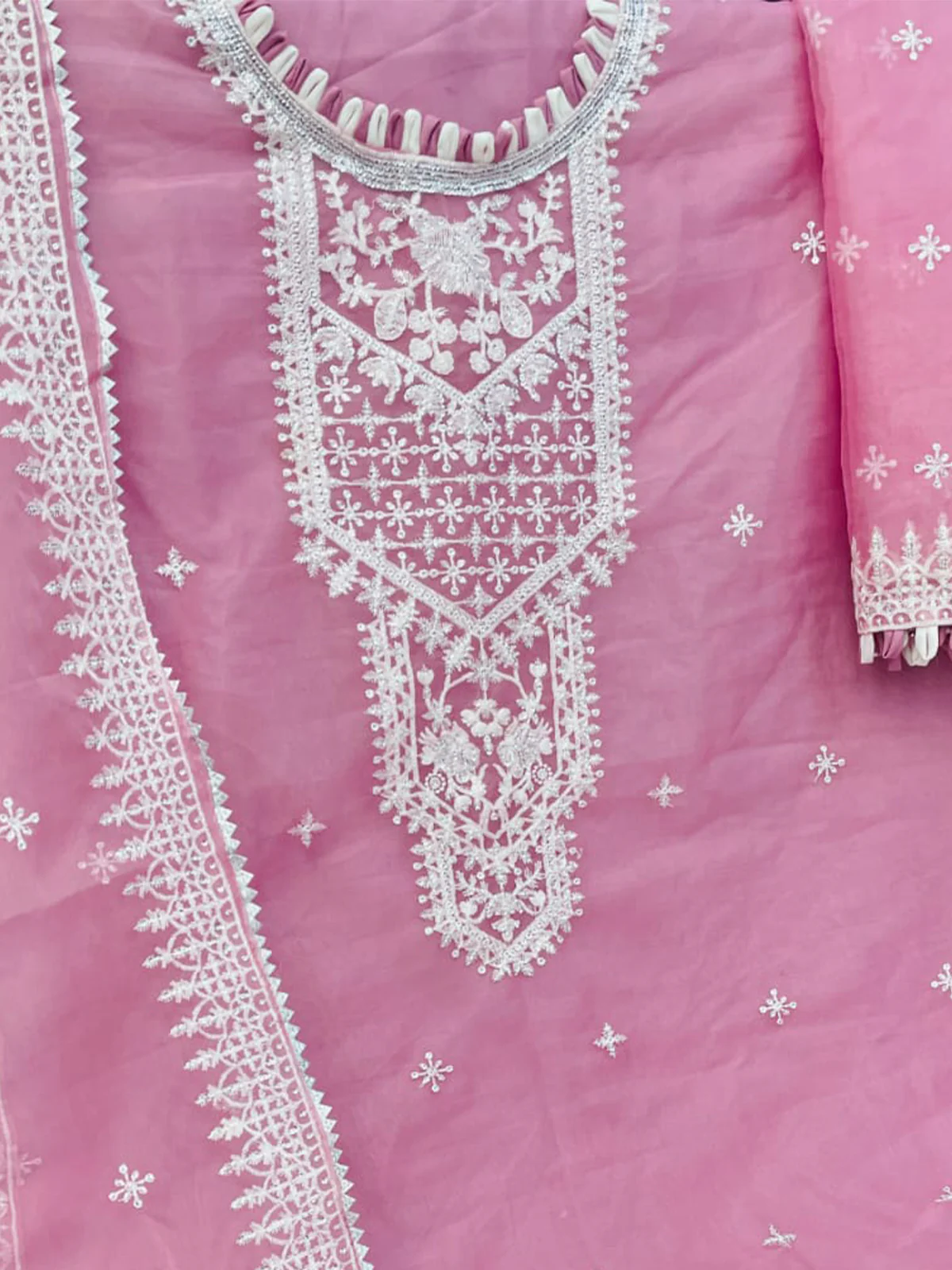 Odette Pink Organza Embroidered Semi Stitched Salwar Suit For Women - Image 3
