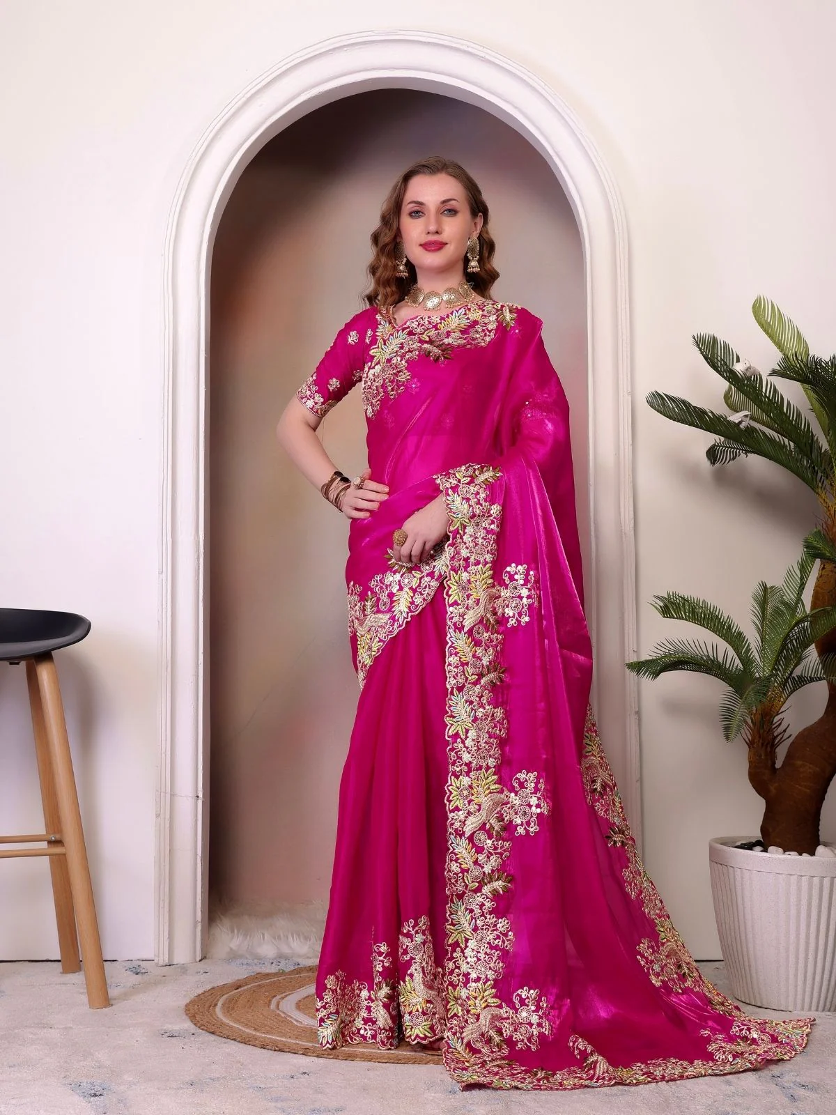 Odette Pink Organza Embroidered Solid Saree For Women