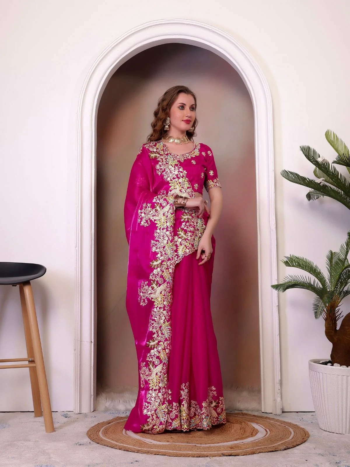 Odette Pink Organza Embroidered Solid Saree For Women - Image 3