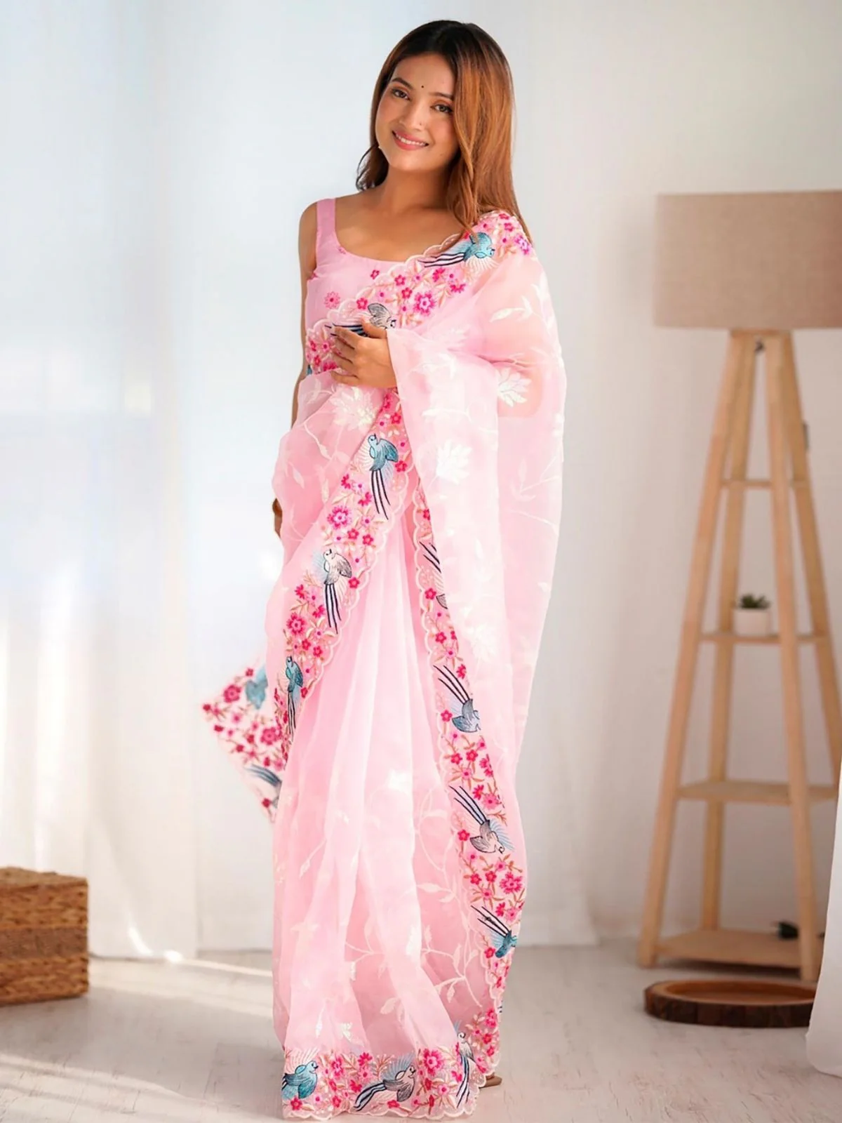 Odette Pink Organza Embroidered Solid Saree For Women