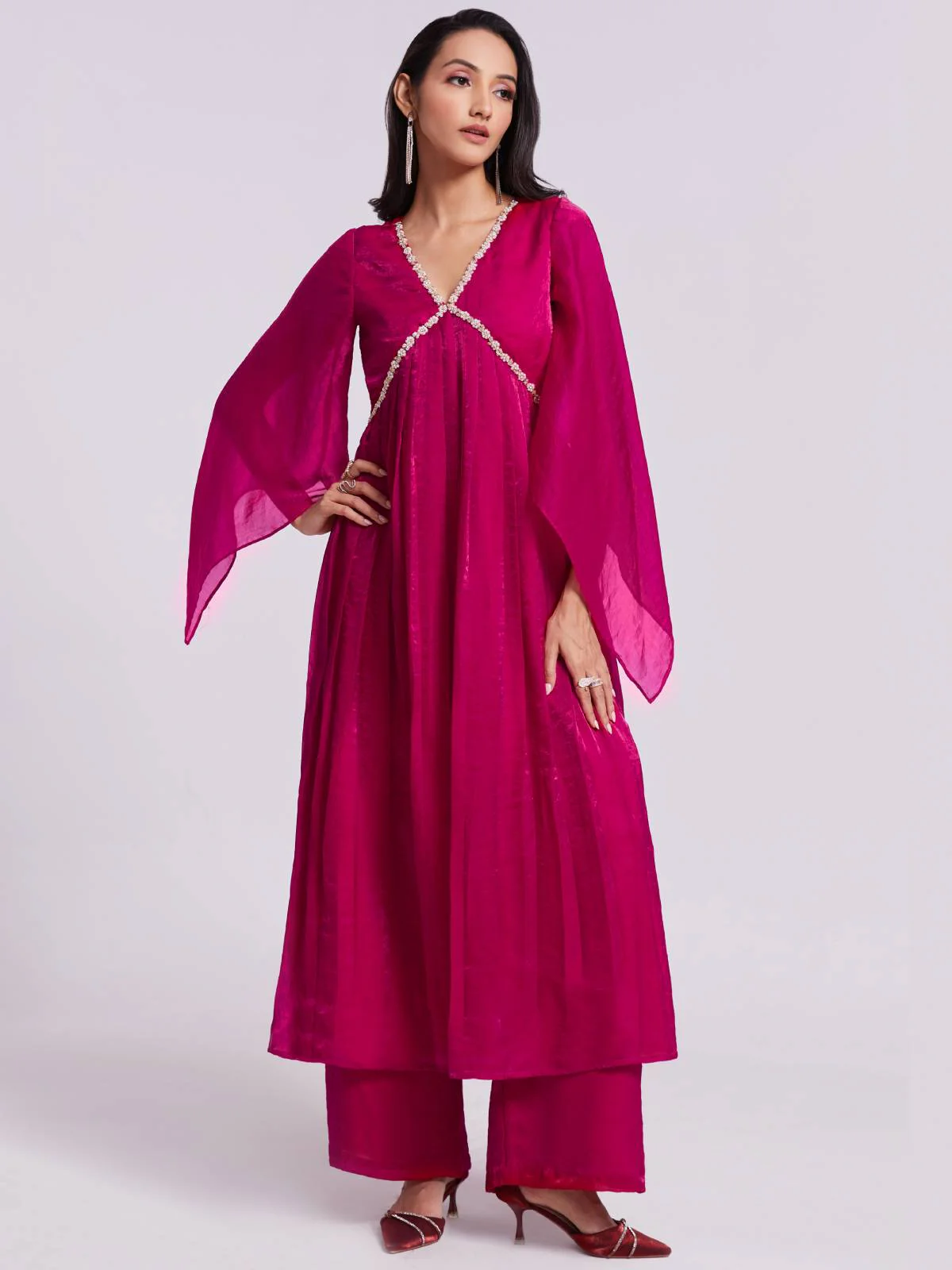 Odette Pink Organza Embroidered Stitched Kurta Set For Women - Image 2