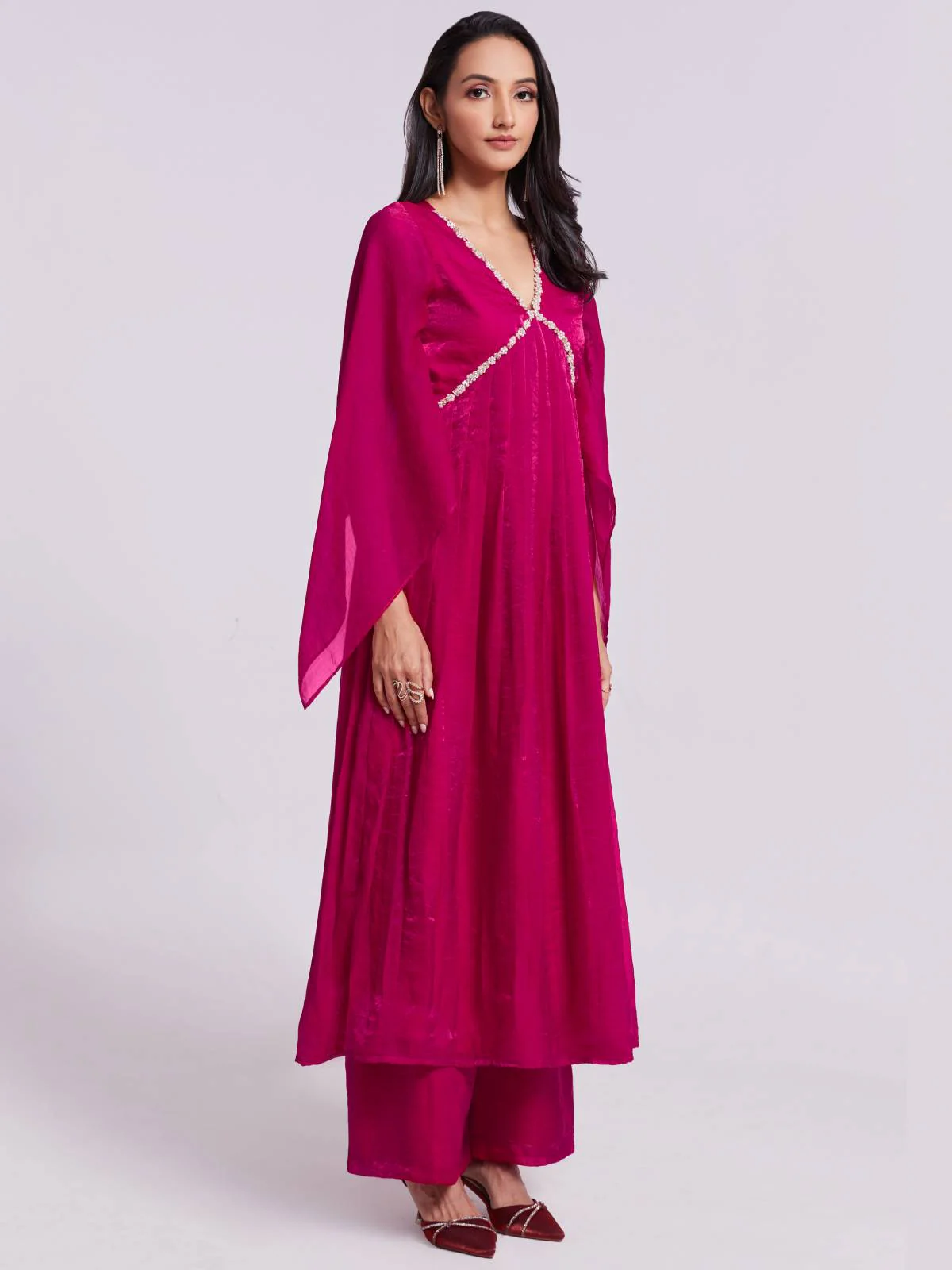 Odette Pink Organza Embroidered Stitched Kurta Set For Women - Image 3