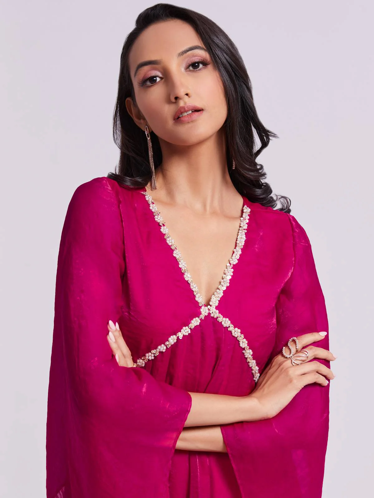Odette Pink Organza Embroidered Stitched Kurta Set For Women - Image 6