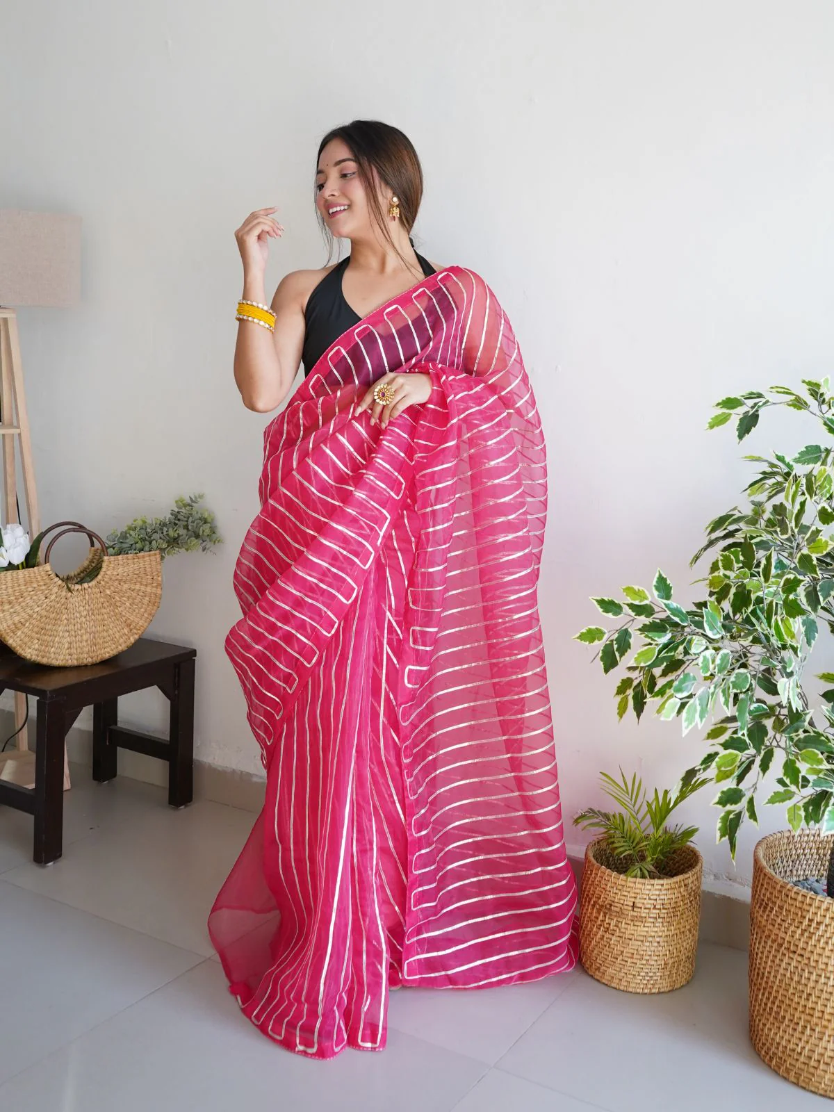 Odette Pink Organza Lace Work Saree With Unstitched Blouse For Women - Image 3