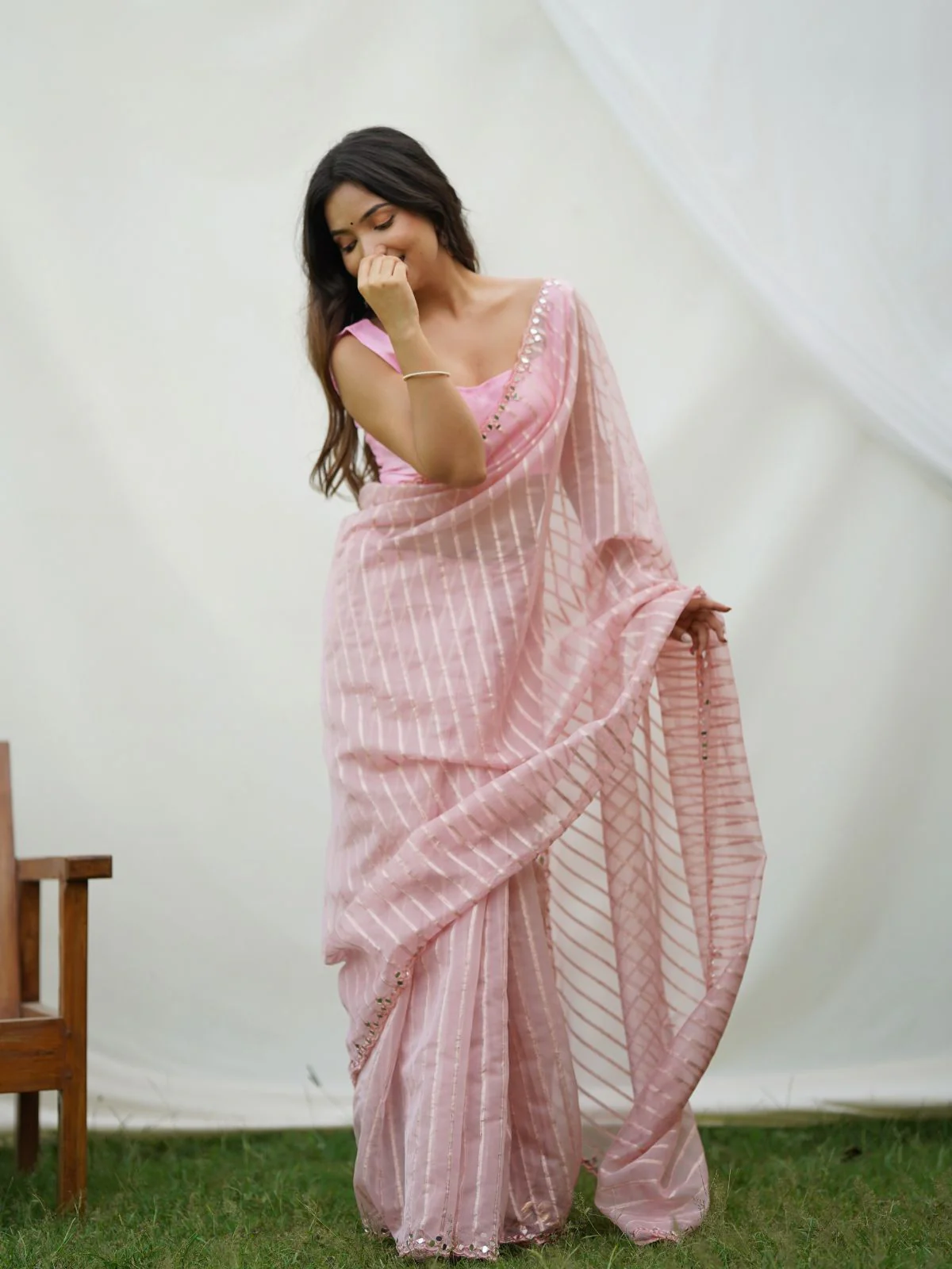 Odette Pink Organza Mirror Work Saree With Unstitched Blouse For Women - Image 3
