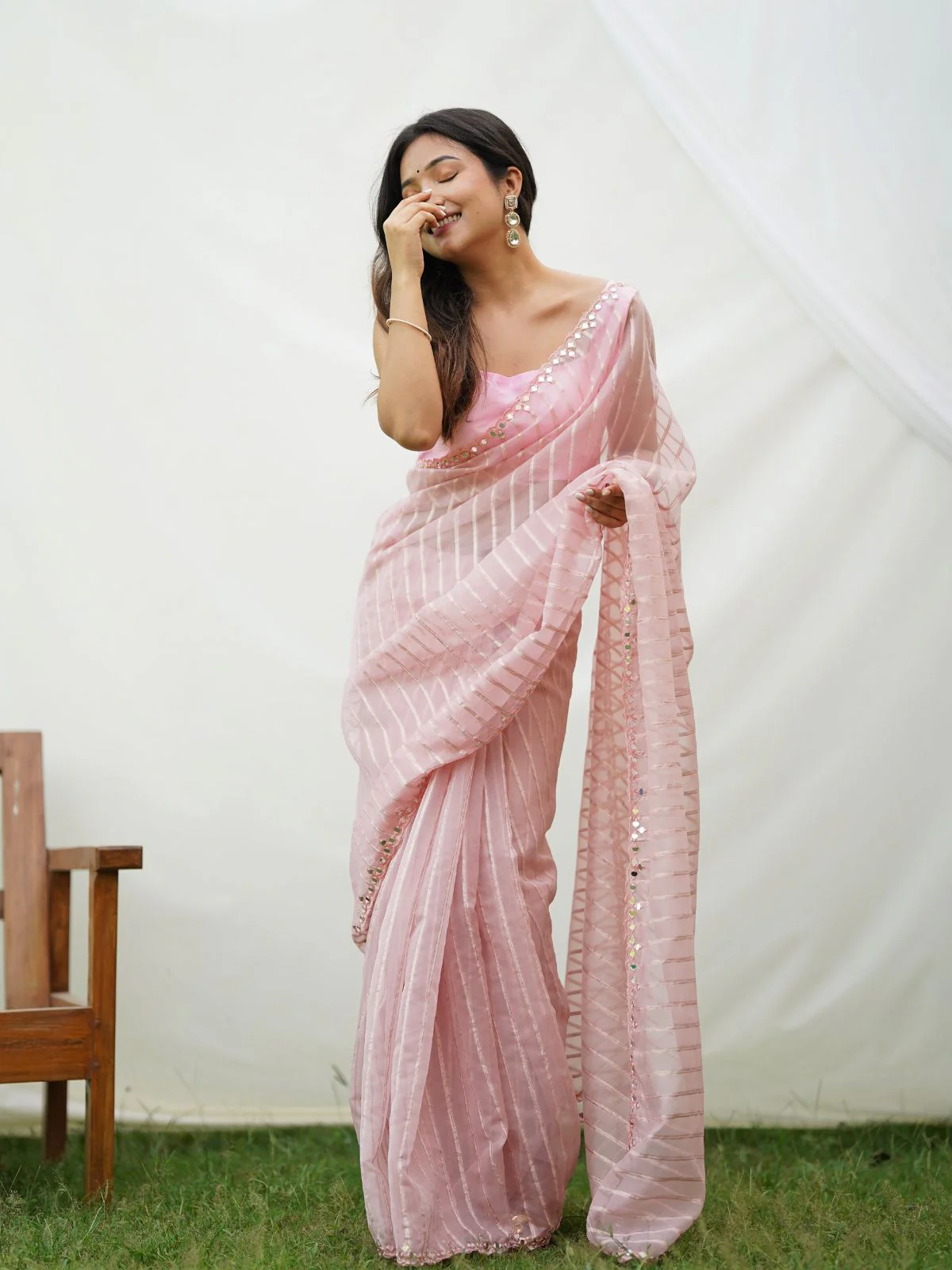 Odette Pink Organza Mirror Work Saree With Unstitched Blouse For Women - Image 4