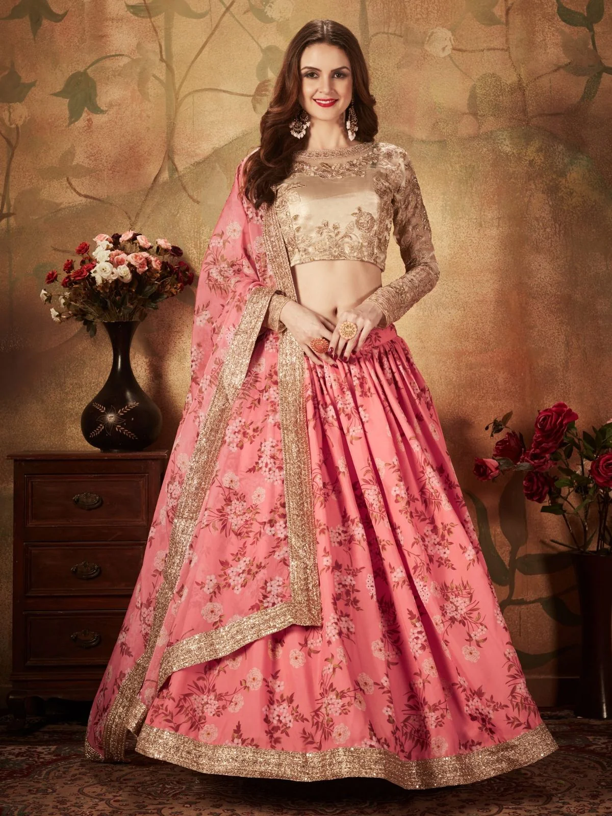 Odette Pink Organza Printed Semi Stitched Lehenga With Unstitched Blouse For Women - Image 2