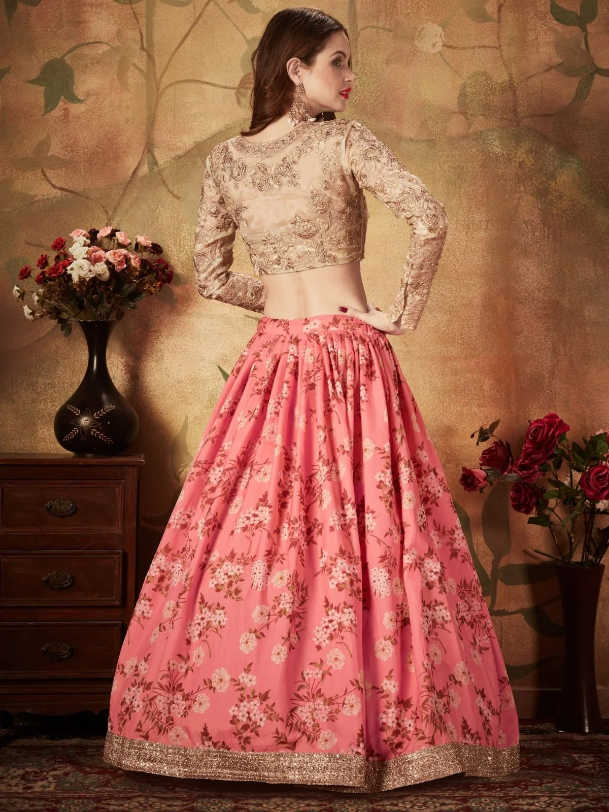 Odette Pink Organza Printed Semi Stitched Lehenga With Unstitched Blouse For Women - Image 4