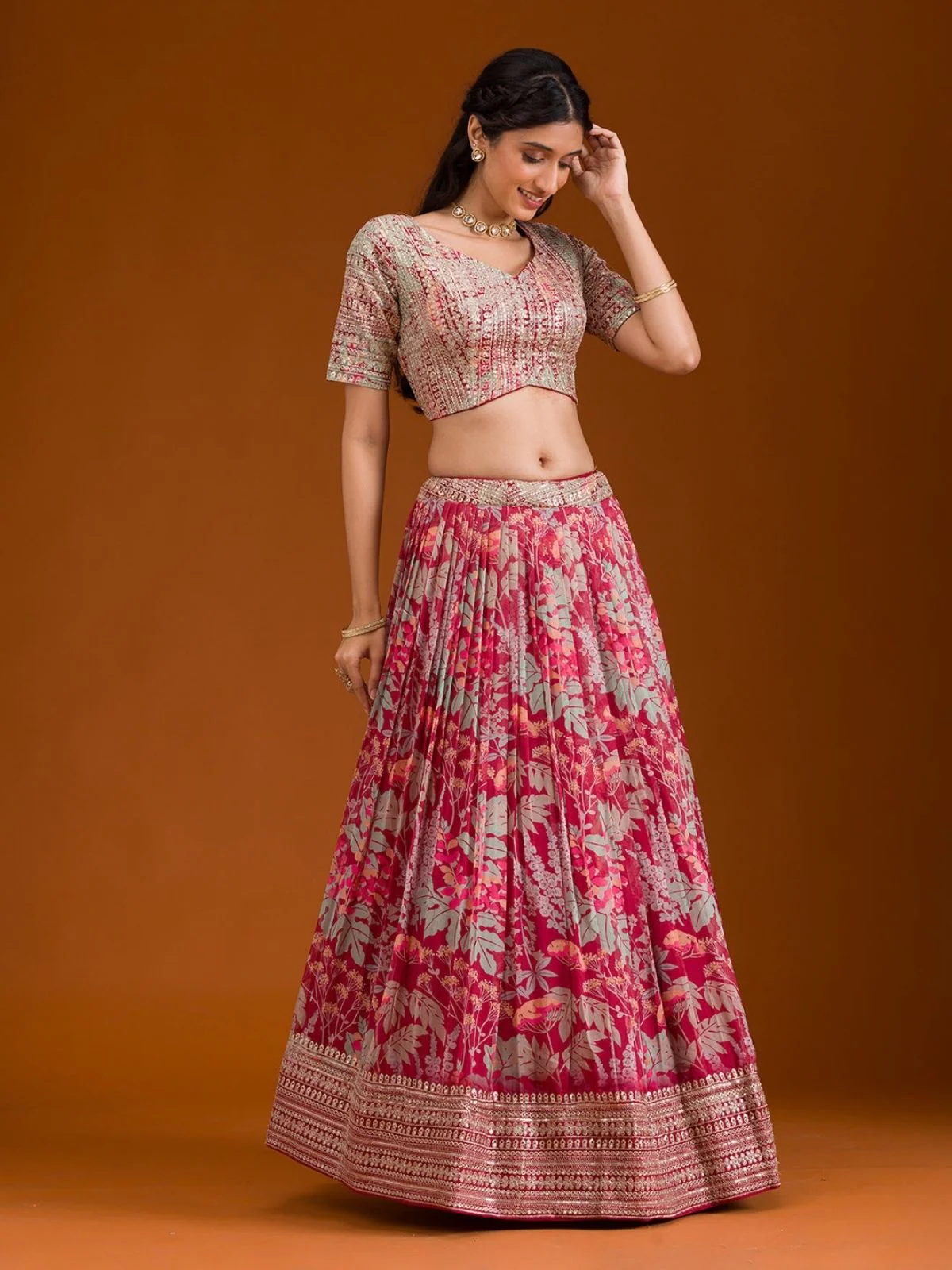 Odette Pink Organza Printed Stitched Lehenga Choli For Women - Image 2