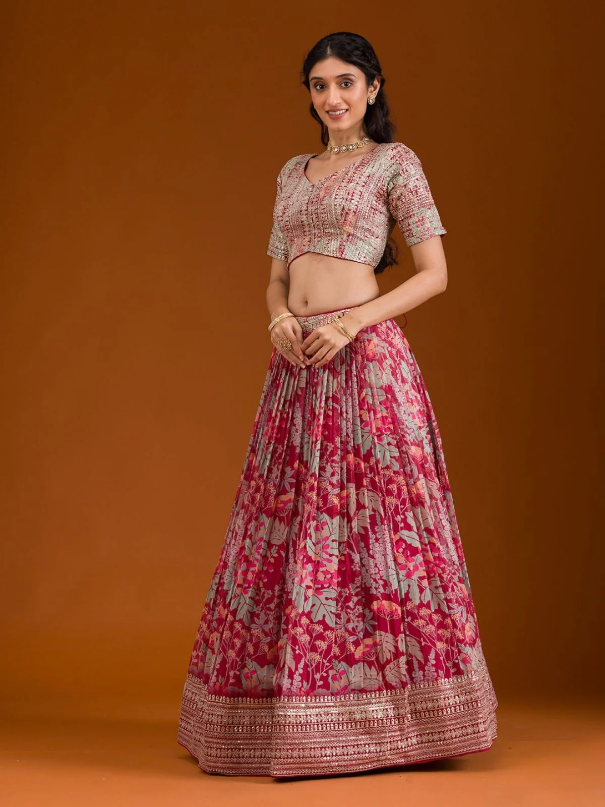 Odette Pink Organza Printed Stitched Lehenga Choli For Women - Image 4