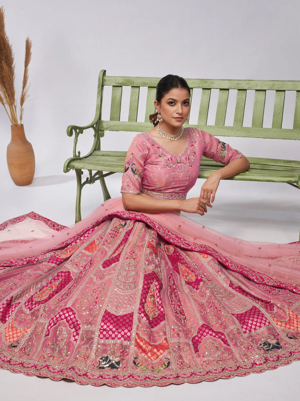 Odette Pink Organza Silk Embroidered Semi Stitched Lehenga With Unstitched Blouse For Women - Image 2