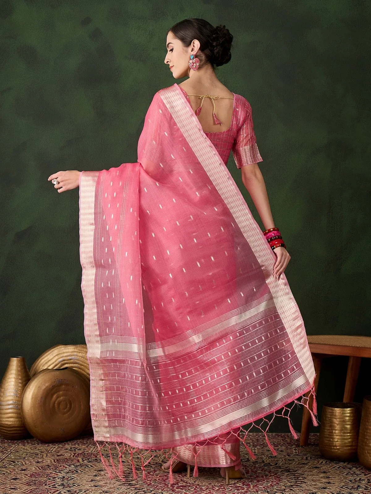 Odette Pink Organza Woven Saree With Unstitched Blouse For Women - Image 3