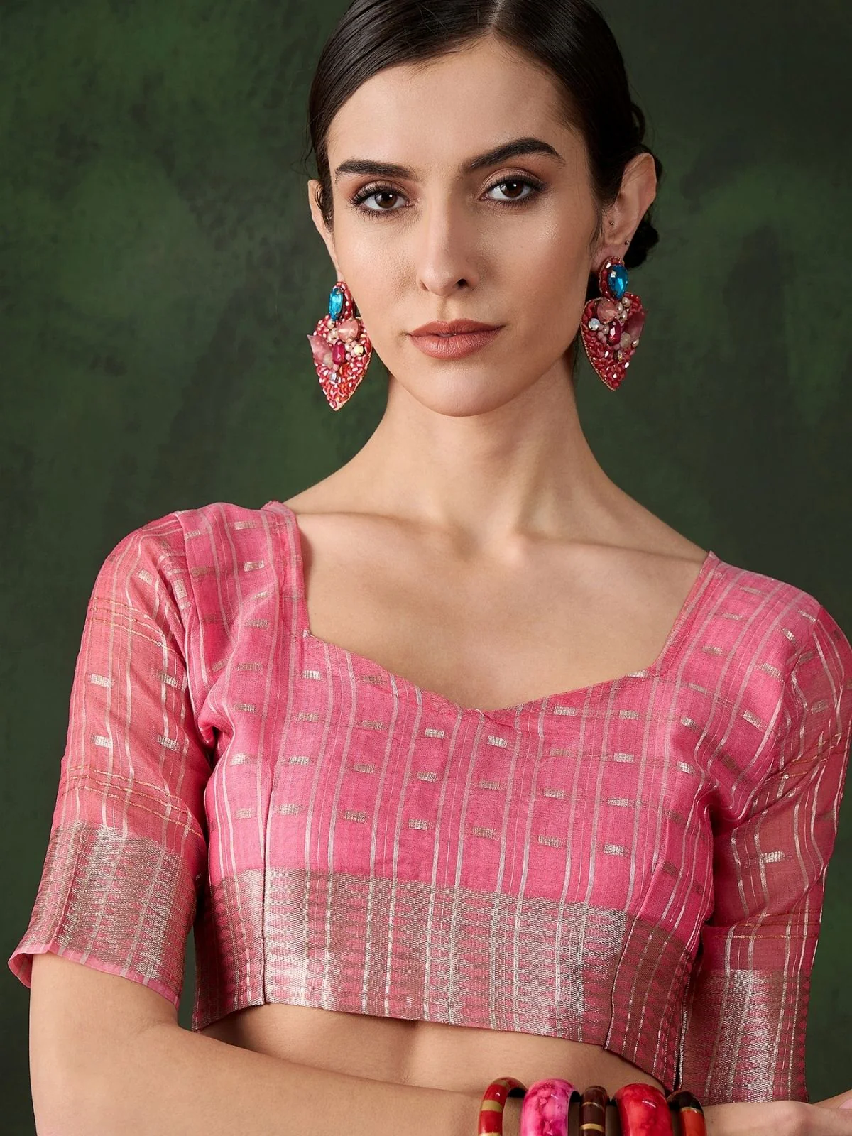 Odette Pink Organza Woven Saree With Unstitched Blouse For Women - Image 5