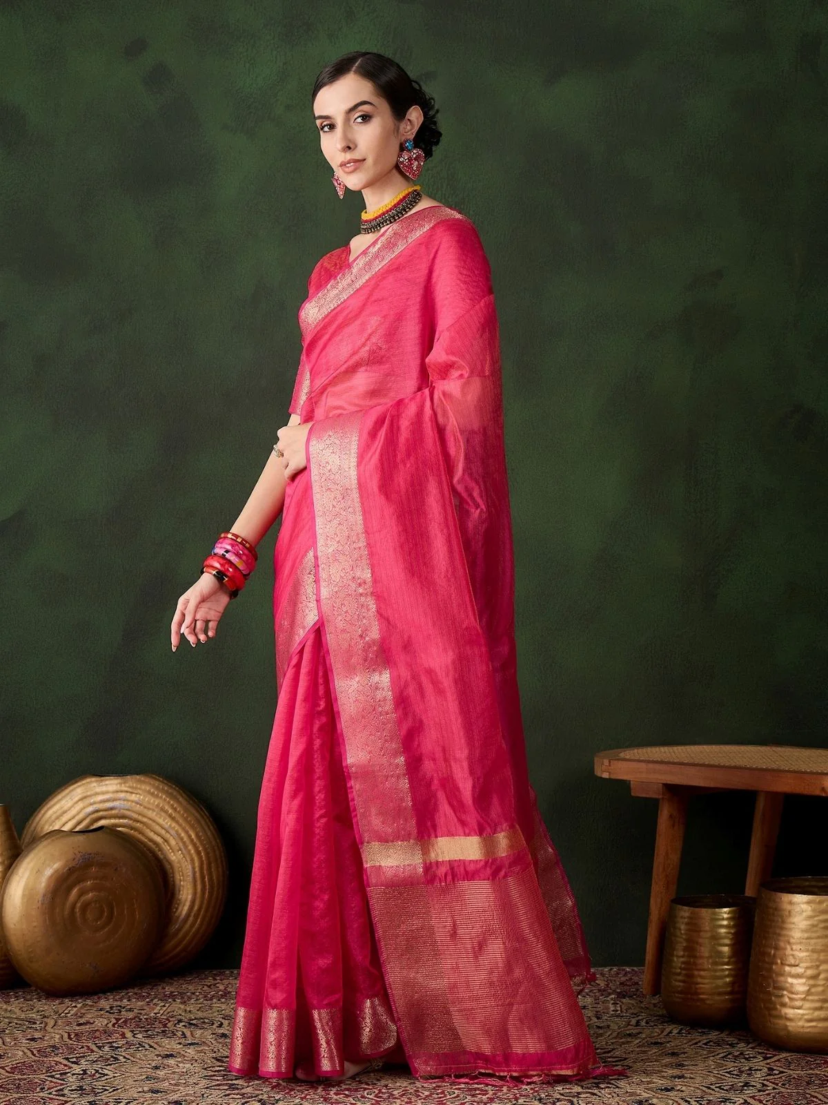 Odette Pink Organza Woven Saree With Unstitched Blouse For Women - Image 2
