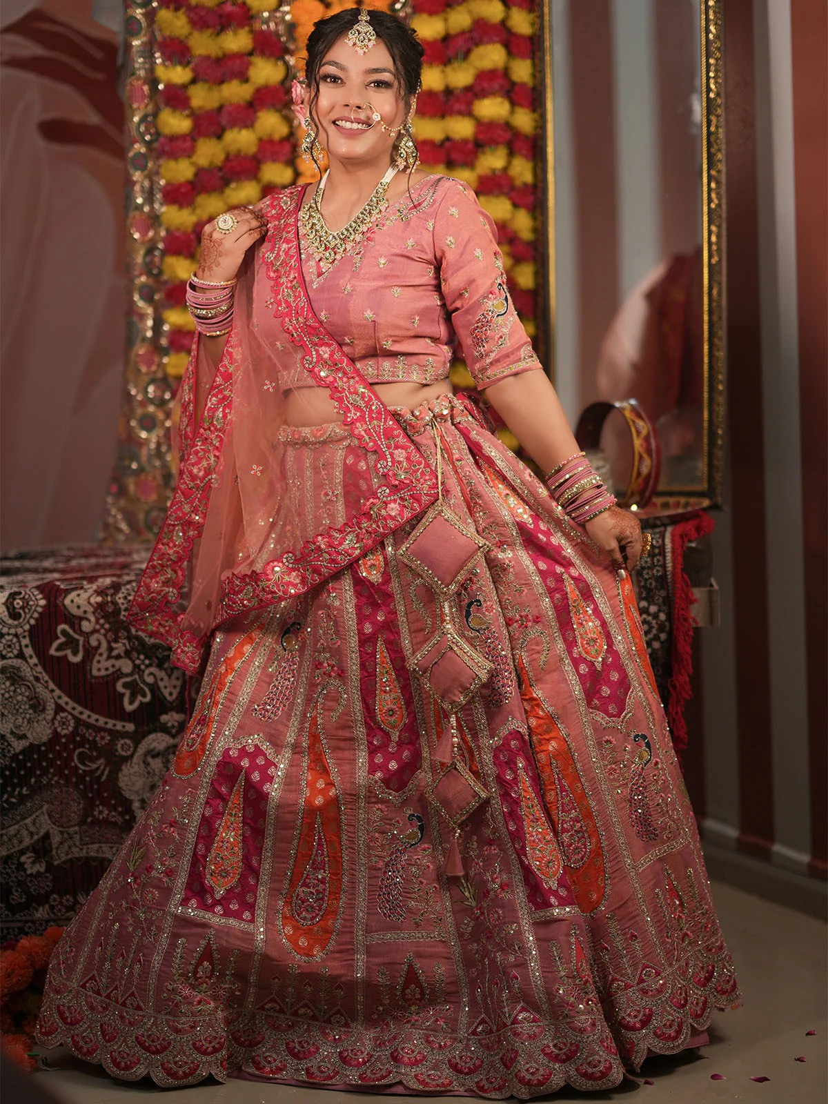 Odette Pink Organza Silk Embroidered Semi Stitched Lehenga With Unstitched Blouse For Women - Image 2