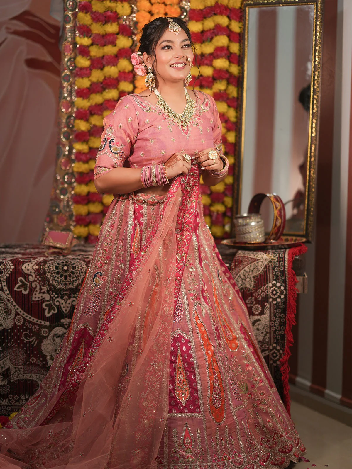 Odette Pink Organza Silk Embroidered Semi Stitched Lehenga With Unstitched Blouse For Women - Image 5
