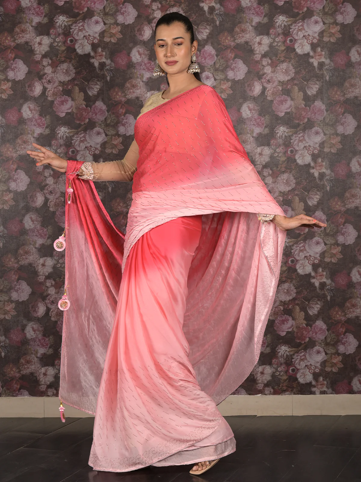 Odette Pink Polyester Embellished Saree With Unstitched Blouse For Women - Image 3