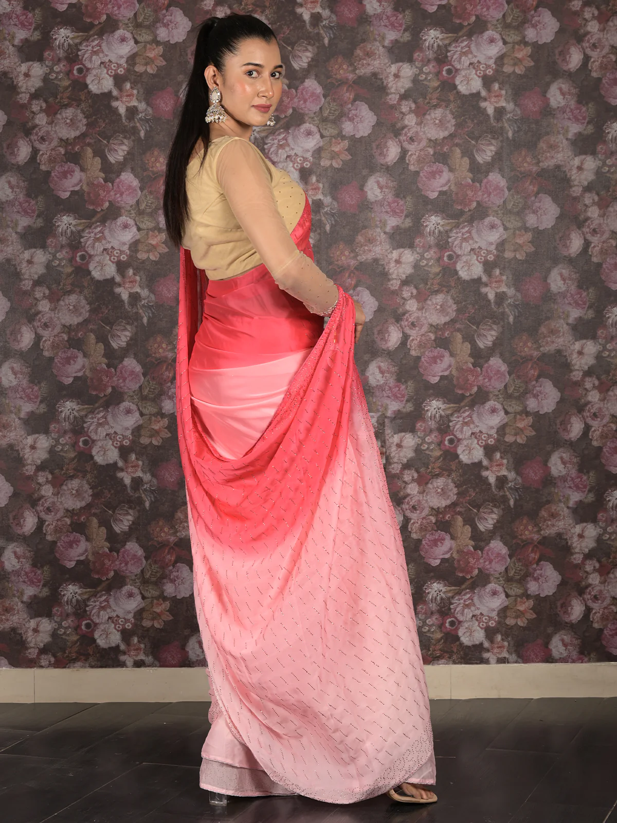 Odette Pink Polyester Embellished Saree With Unstitched Blouse For Women - Image 4