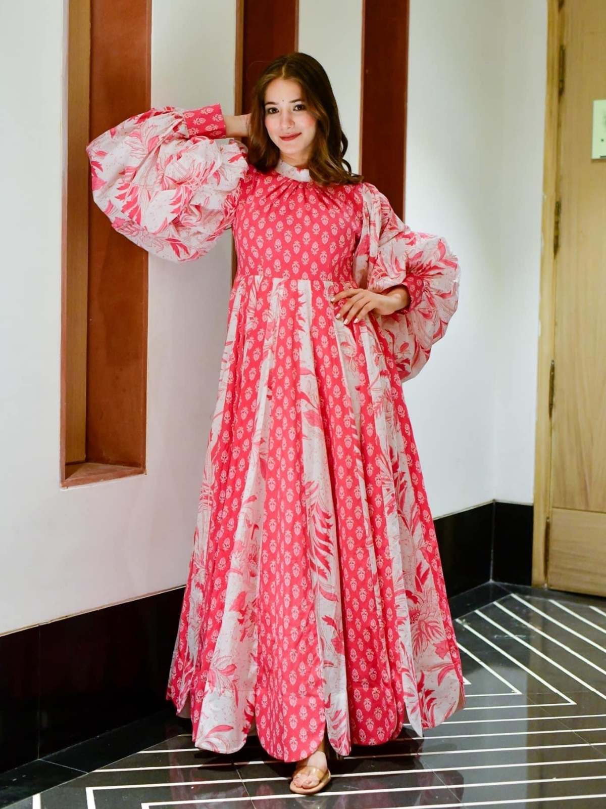 Odette Pink Printed Cotton Silk Stitched Gown For Women