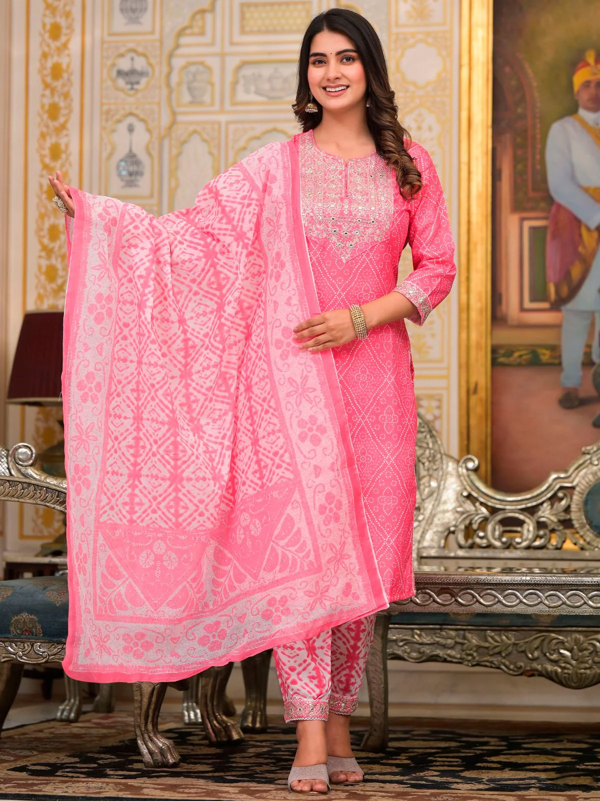 Odette Pink Printed Cotton Stitched Kurta Set For Women