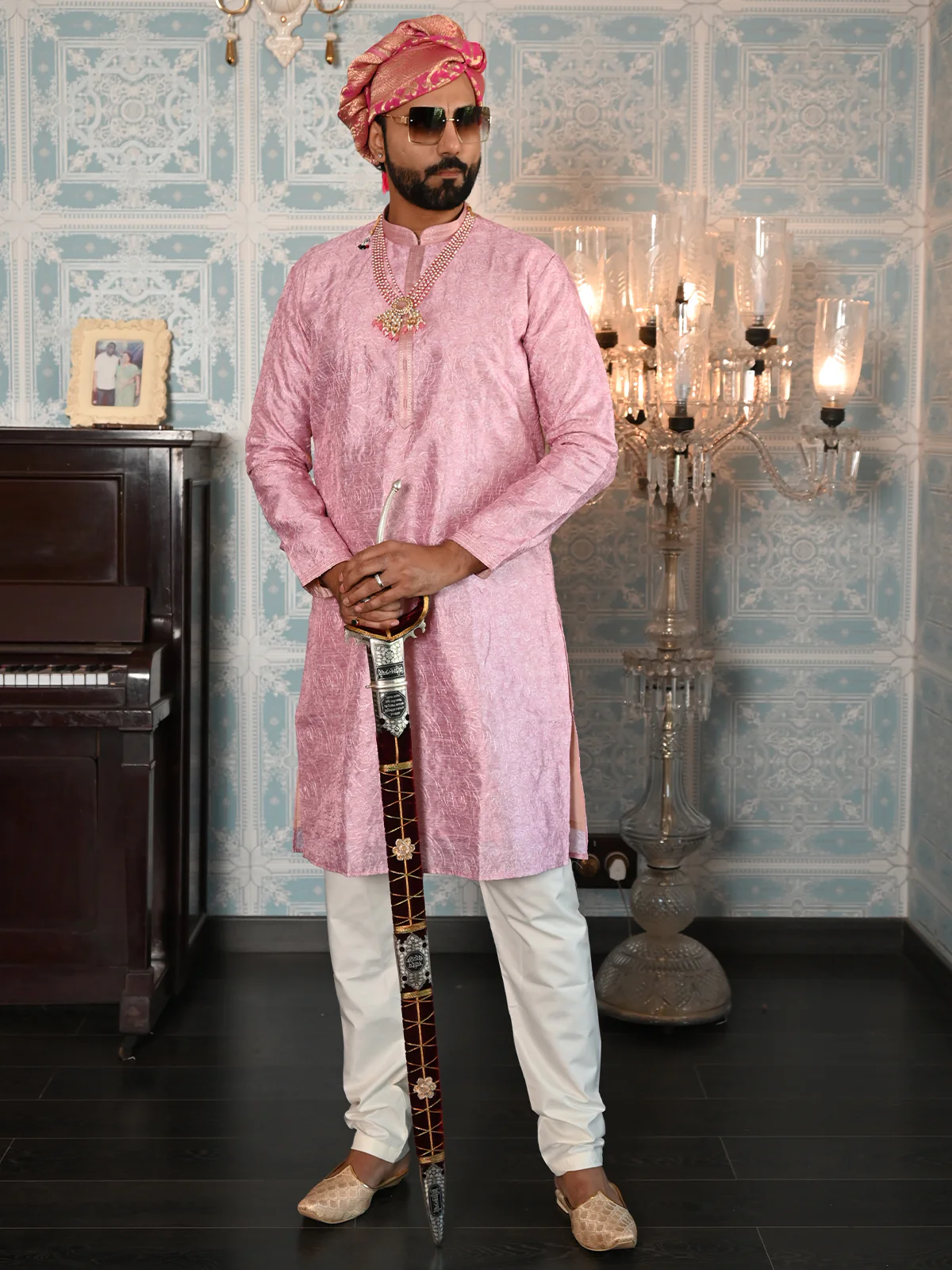 Odette Pink Printed Embroidered Cotton Kurta Set For Men - Image 3