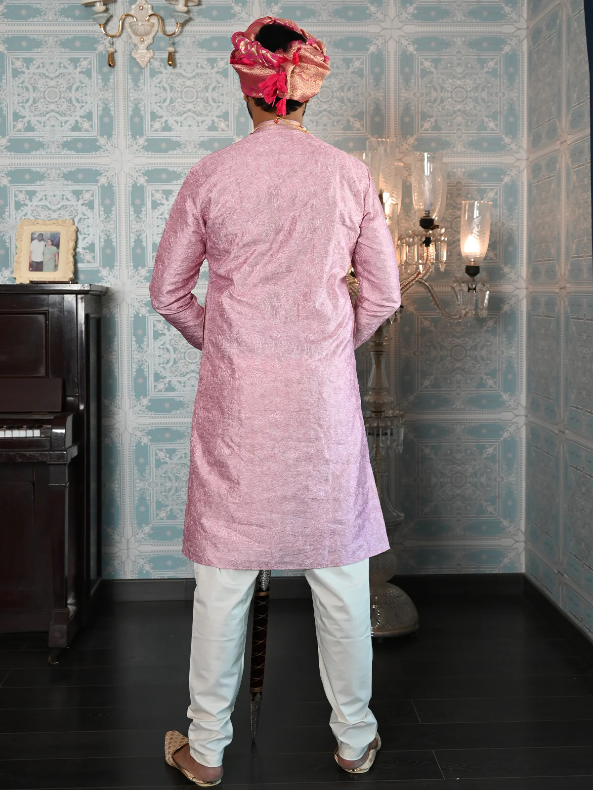 Odette Pink Printed Embroidered Cotton Kurta Set For Men - Image 4