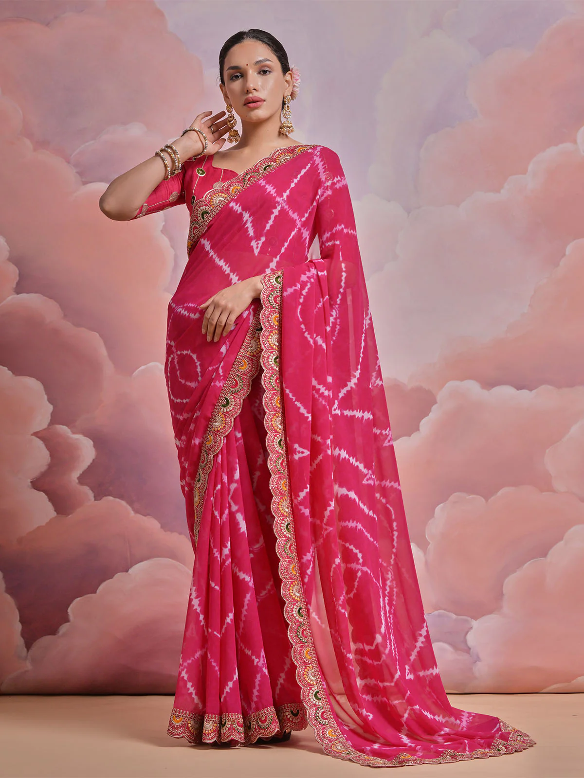 Odette Pink Printed Georgette Saree With Unstitched Blouse For Women - Image 3