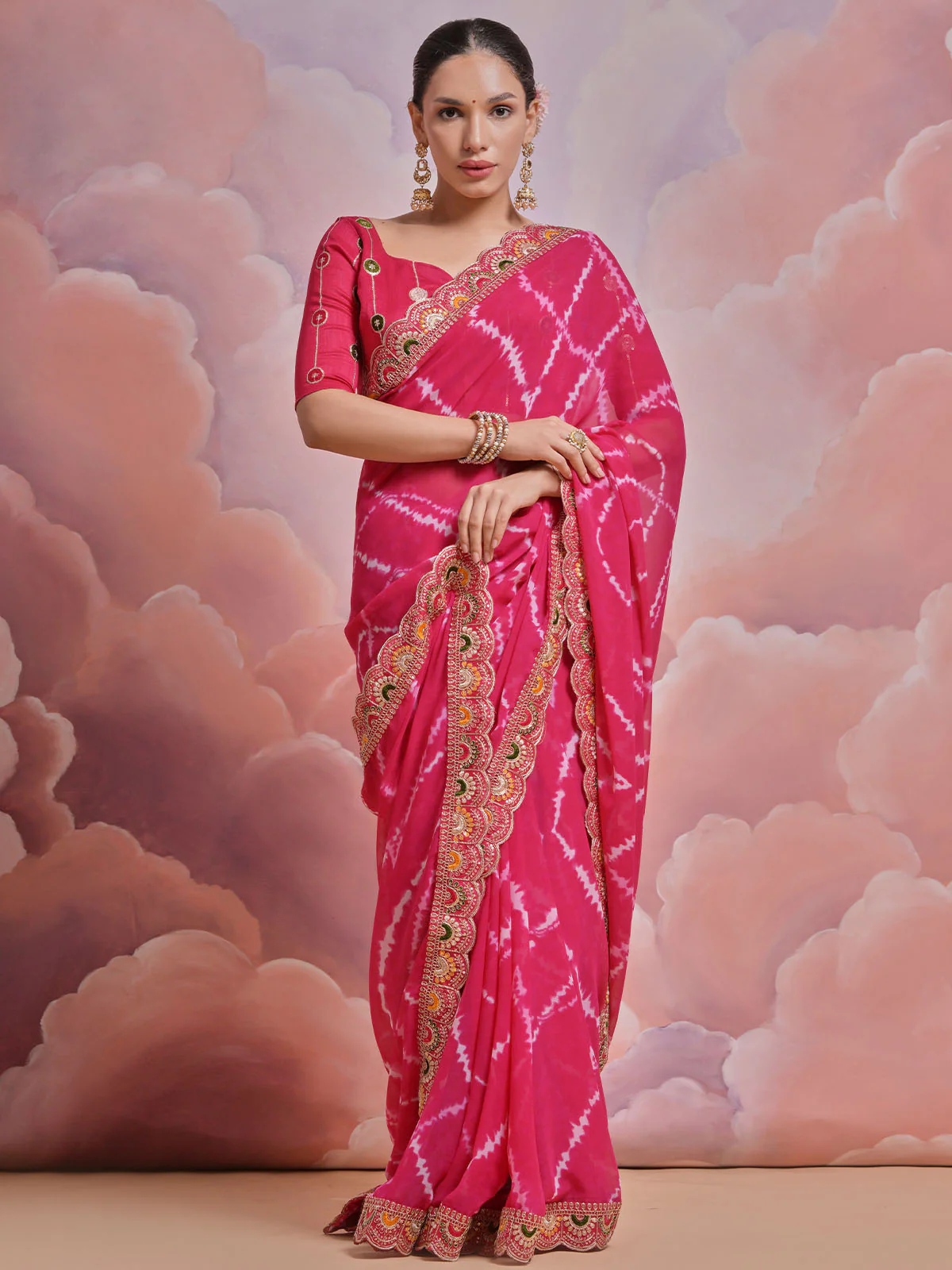 Odette Pink Printed Georgette Saree With Unstitched Blouse For Women - Image 4