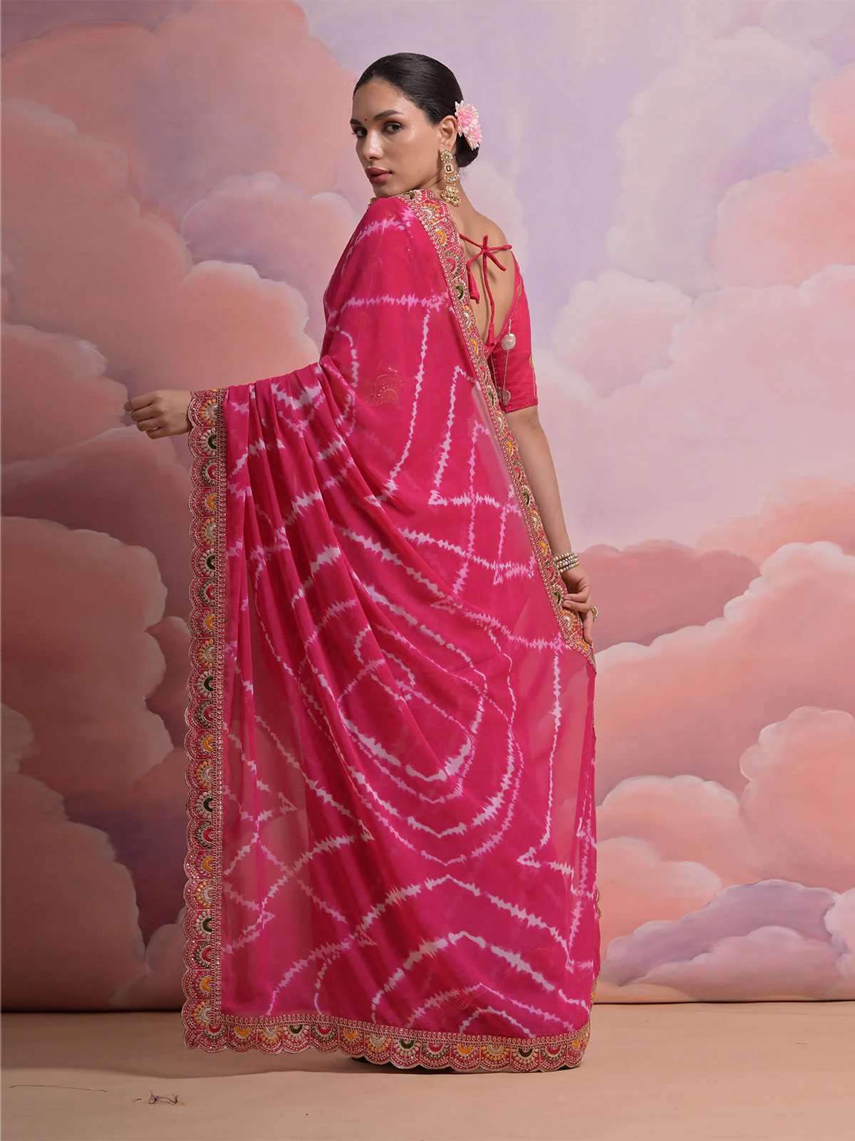 Odette Pink Printed Georgette Saree With Unstitched Blouse For Women - Image 5