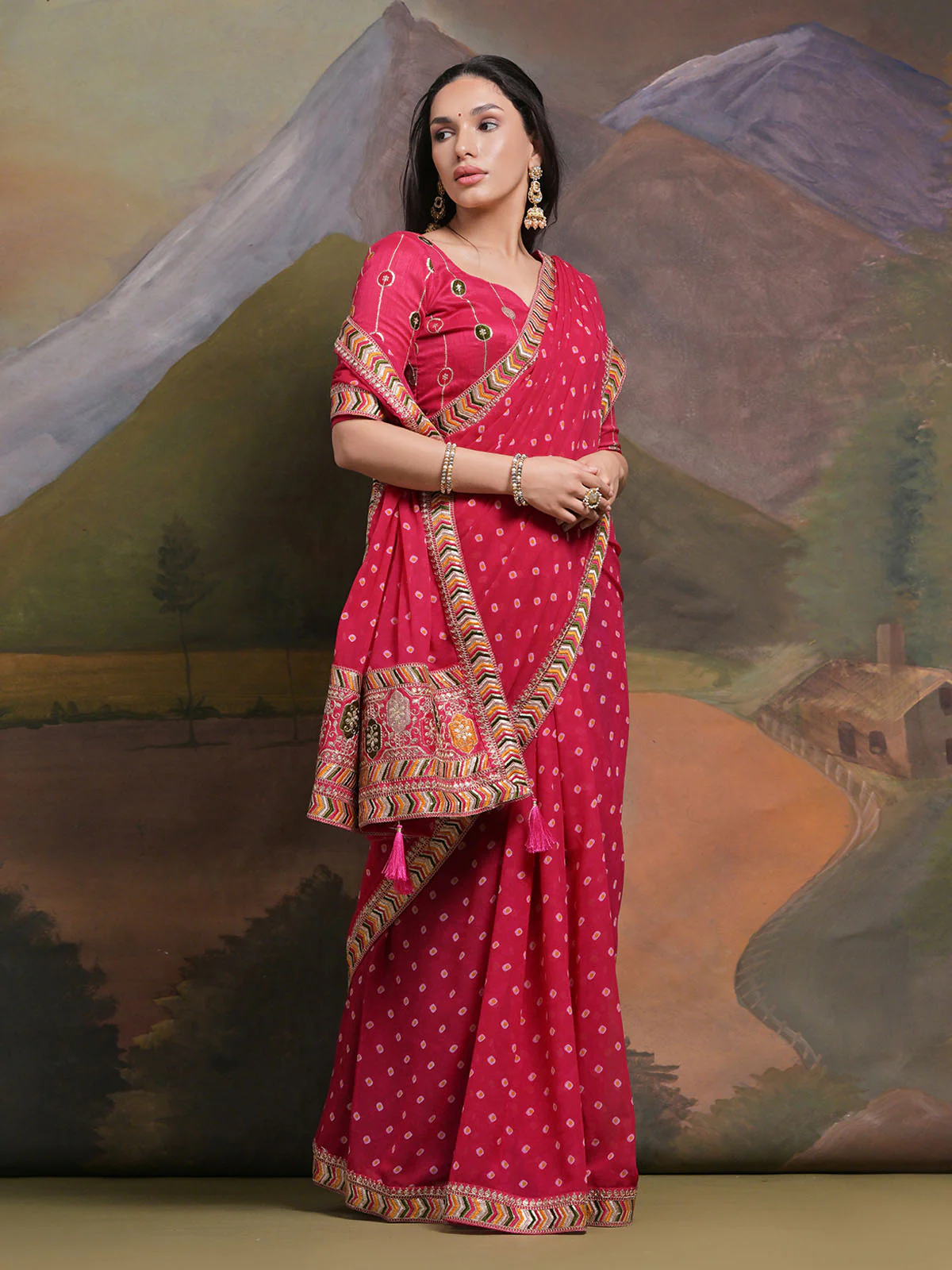 Odette Pink Printed Georgette Saree With Unstitched Blouse For Women - Image 3