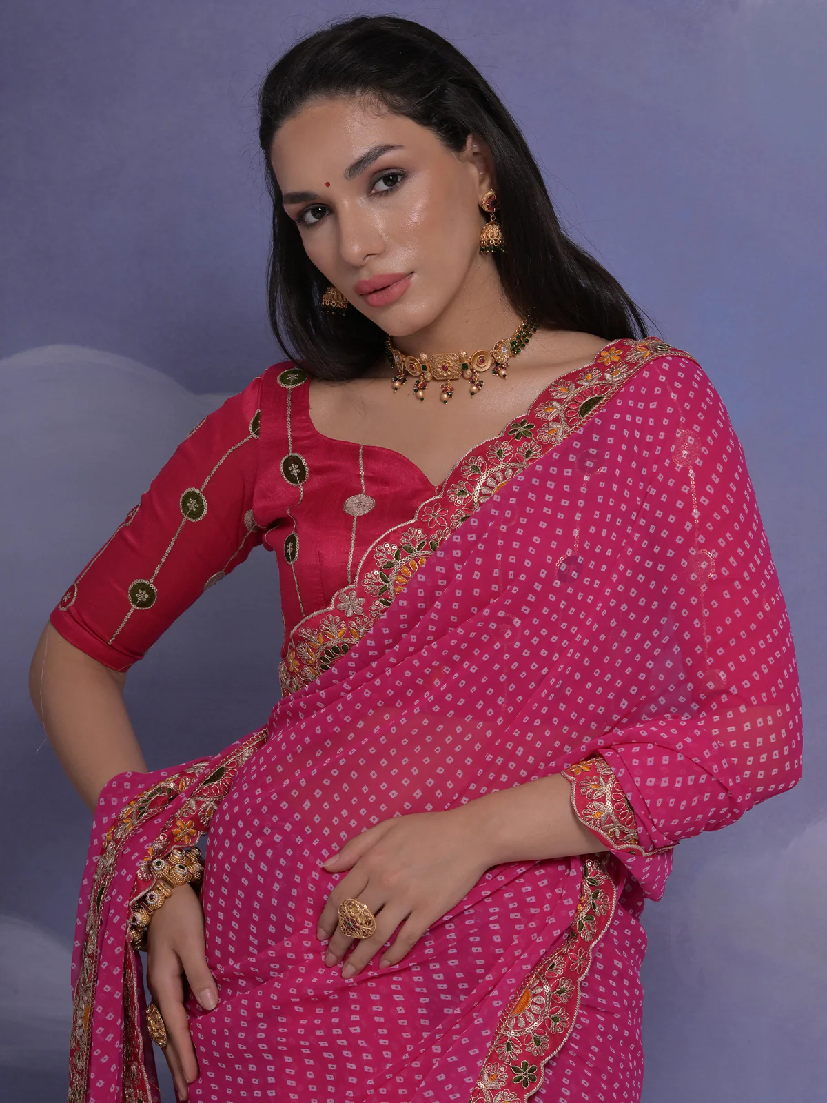 Odette Pink Printed Georgette Saree With Unstitched Blouse For Women - Image 5