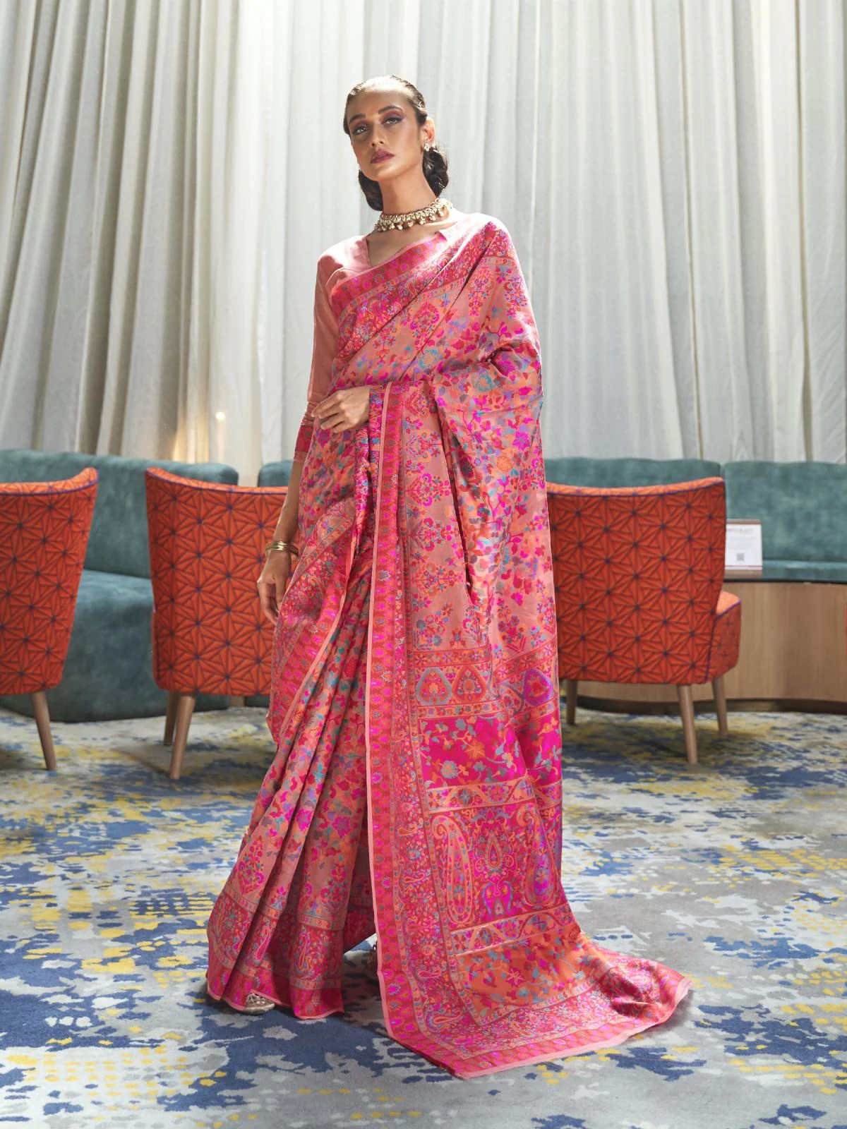 Odette Pink Printed Silk Blend Saree With Unstitched Blouse For Women