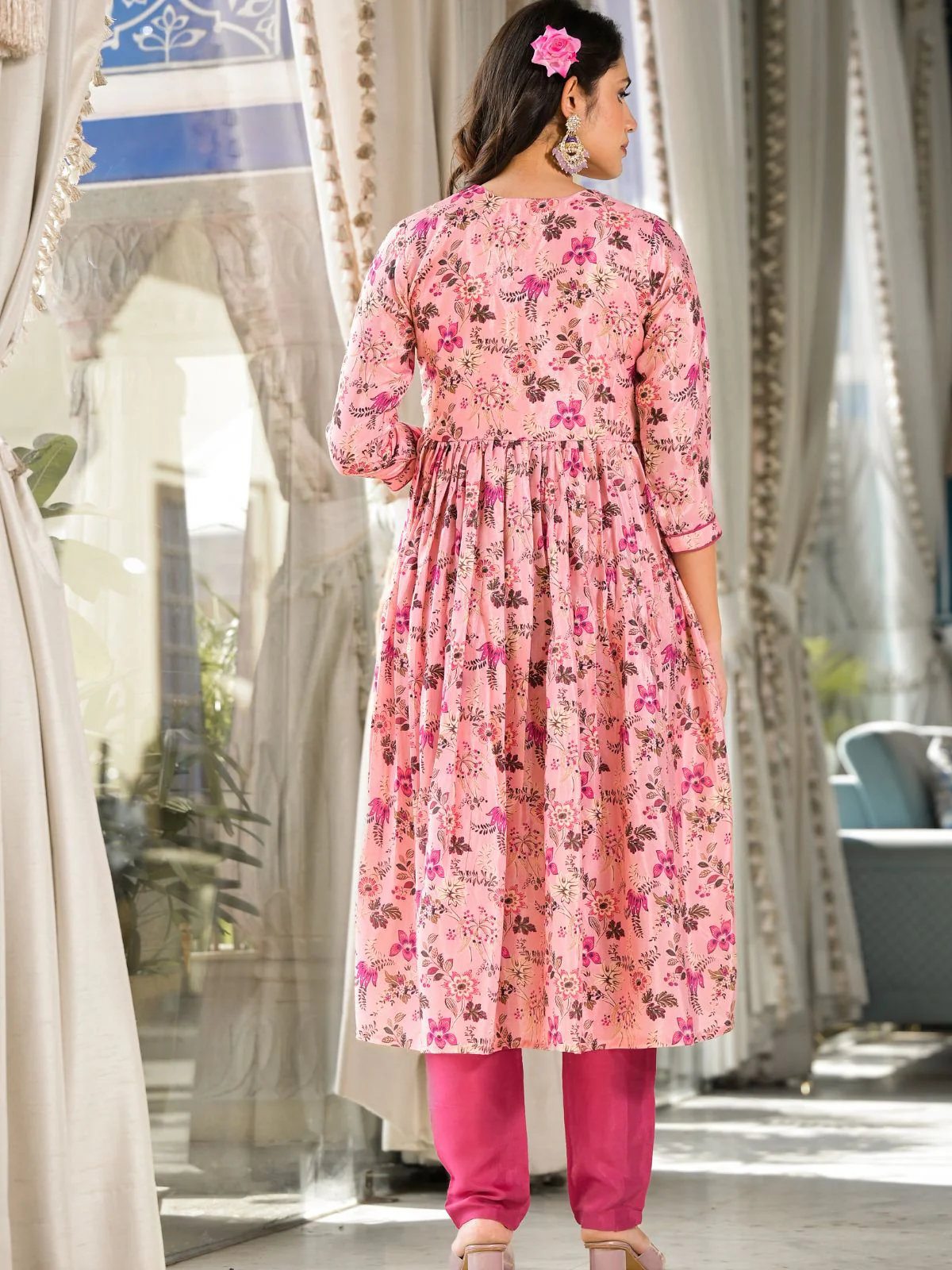 Odette Pink Printed Silk Blend Stitched Kurta Set For Women - Image 6
