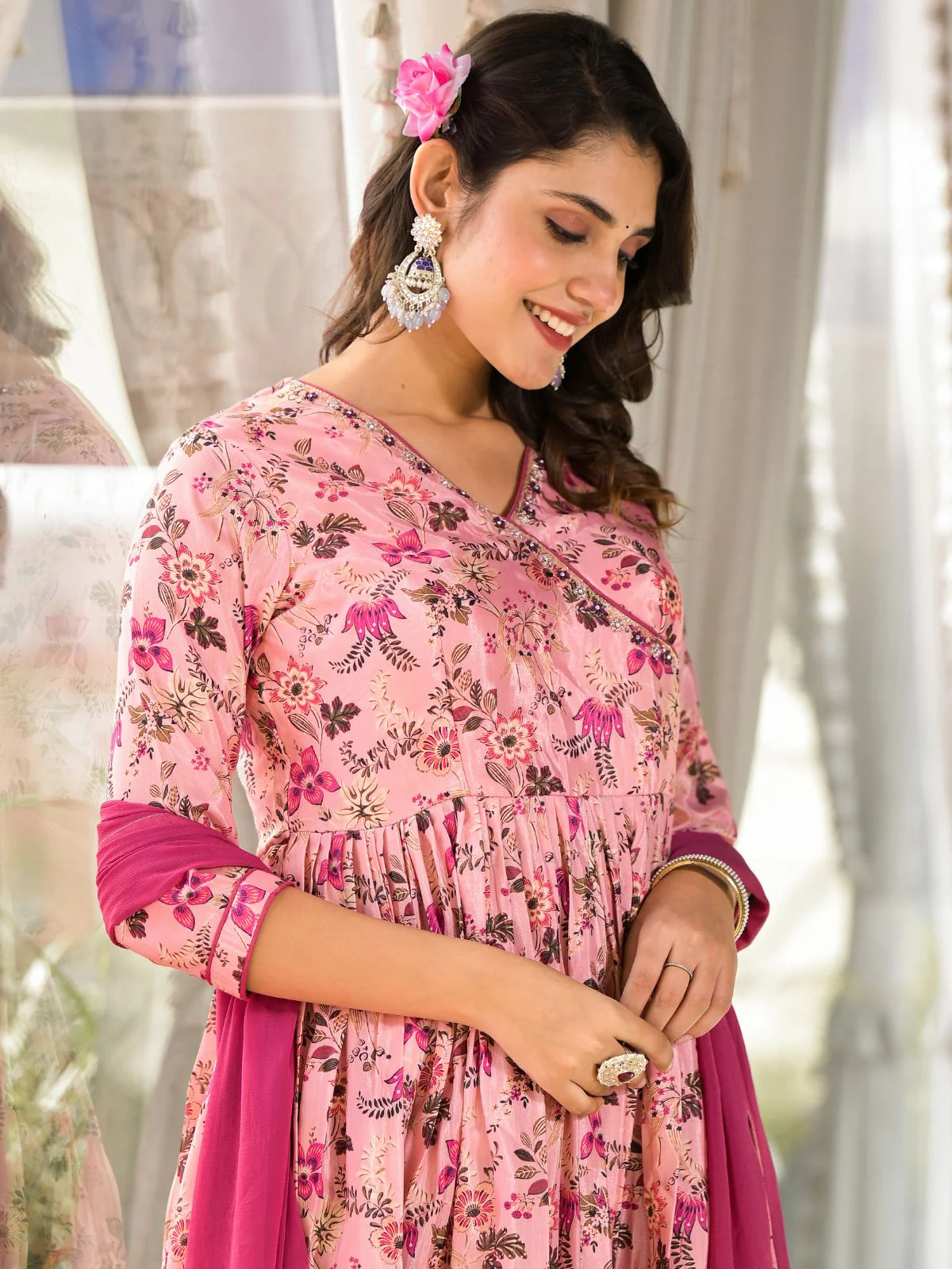 Odette Pink Printed Silk Blend Stitched Kurta Set For Women - Image 7