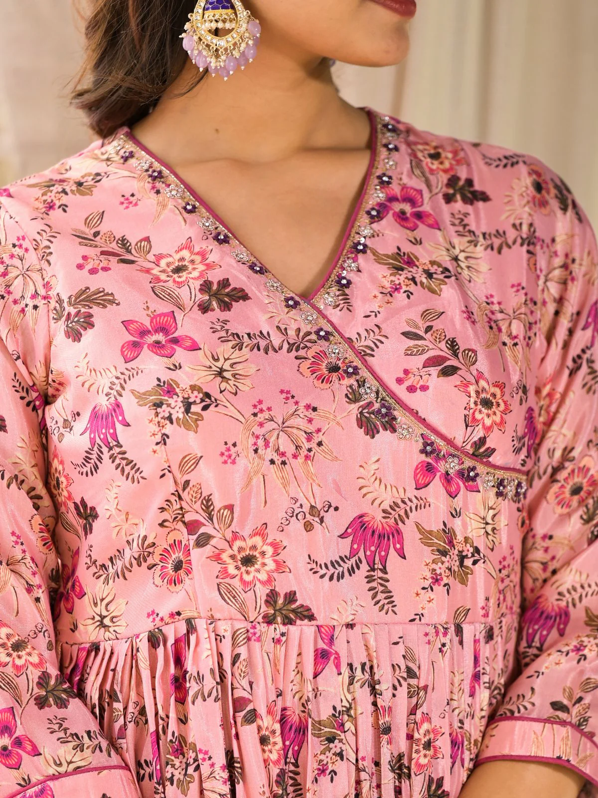 Odette Pink Printed Silk Blend Stitched Kurta Set For Women - Image 8