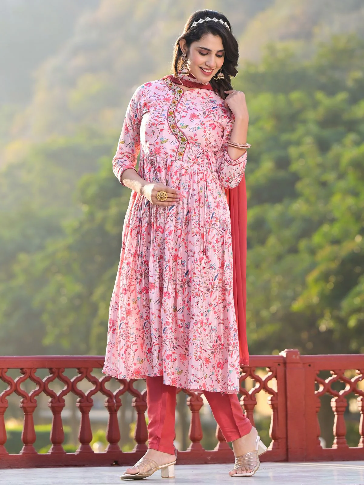 Odette Pink Printed Silk Blend Stitched Kurta Set For Women - Image 2