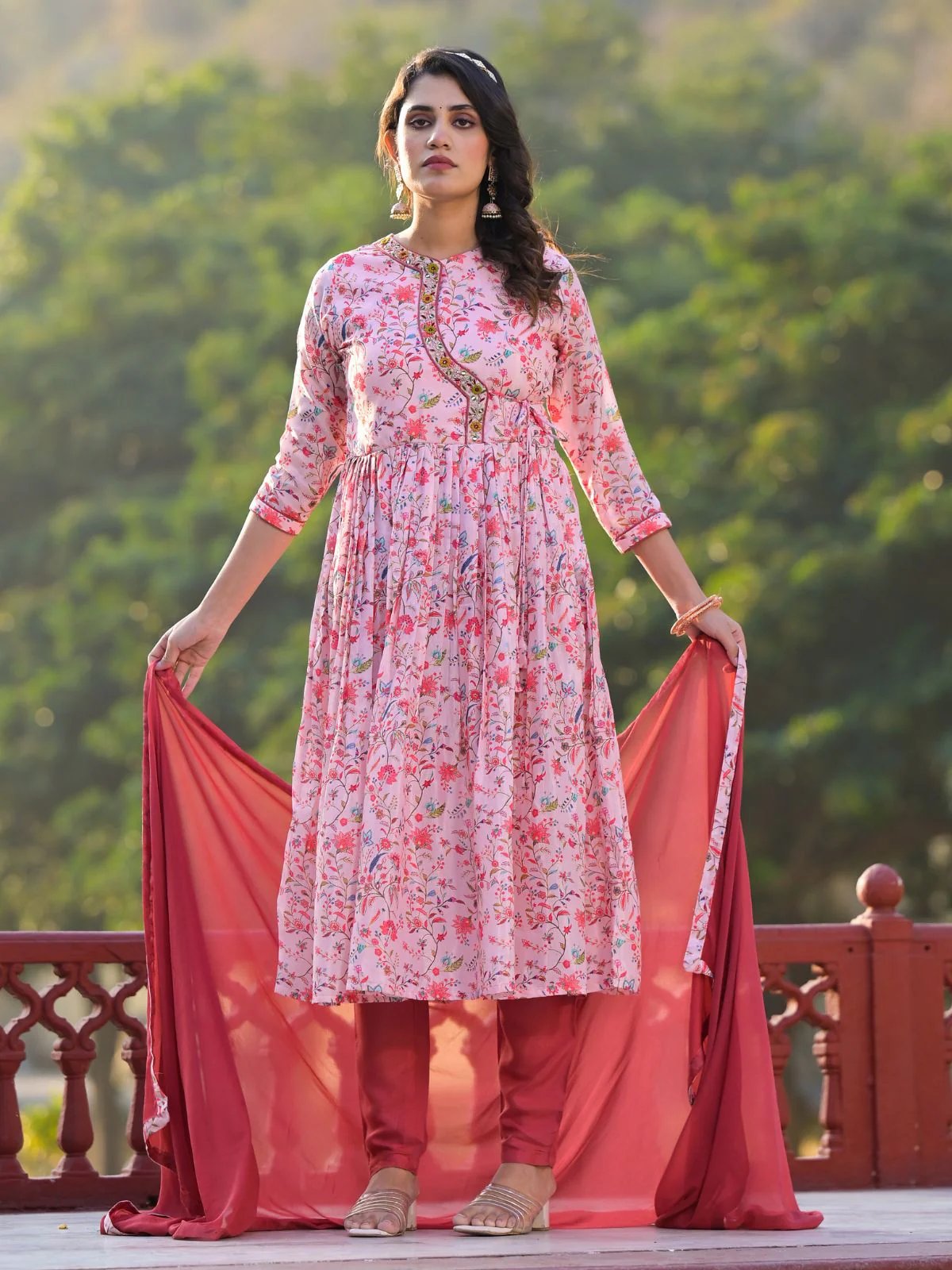Odette Pink Printed Silk Blend Stitched Kurta Set For Women - Image 4