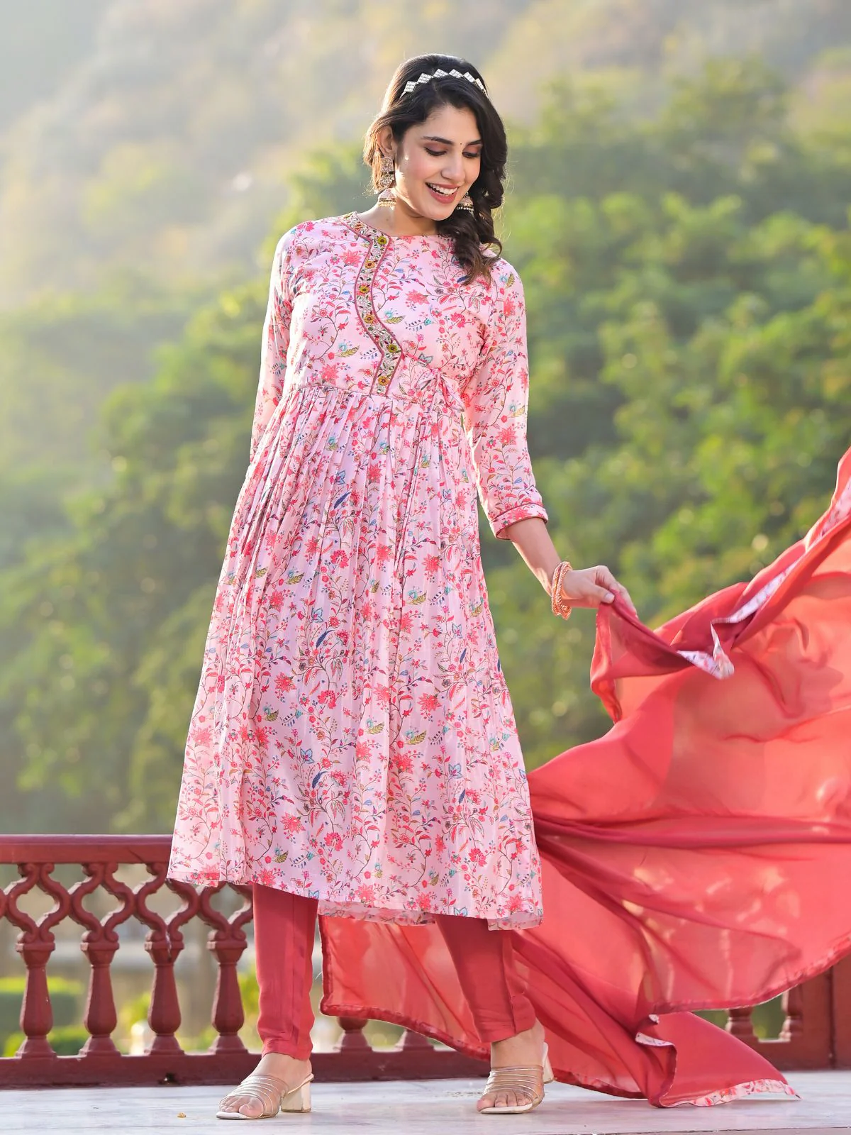 Odette Pink Printed Silk Blend Stitched Kurta Set For Women - Image 7