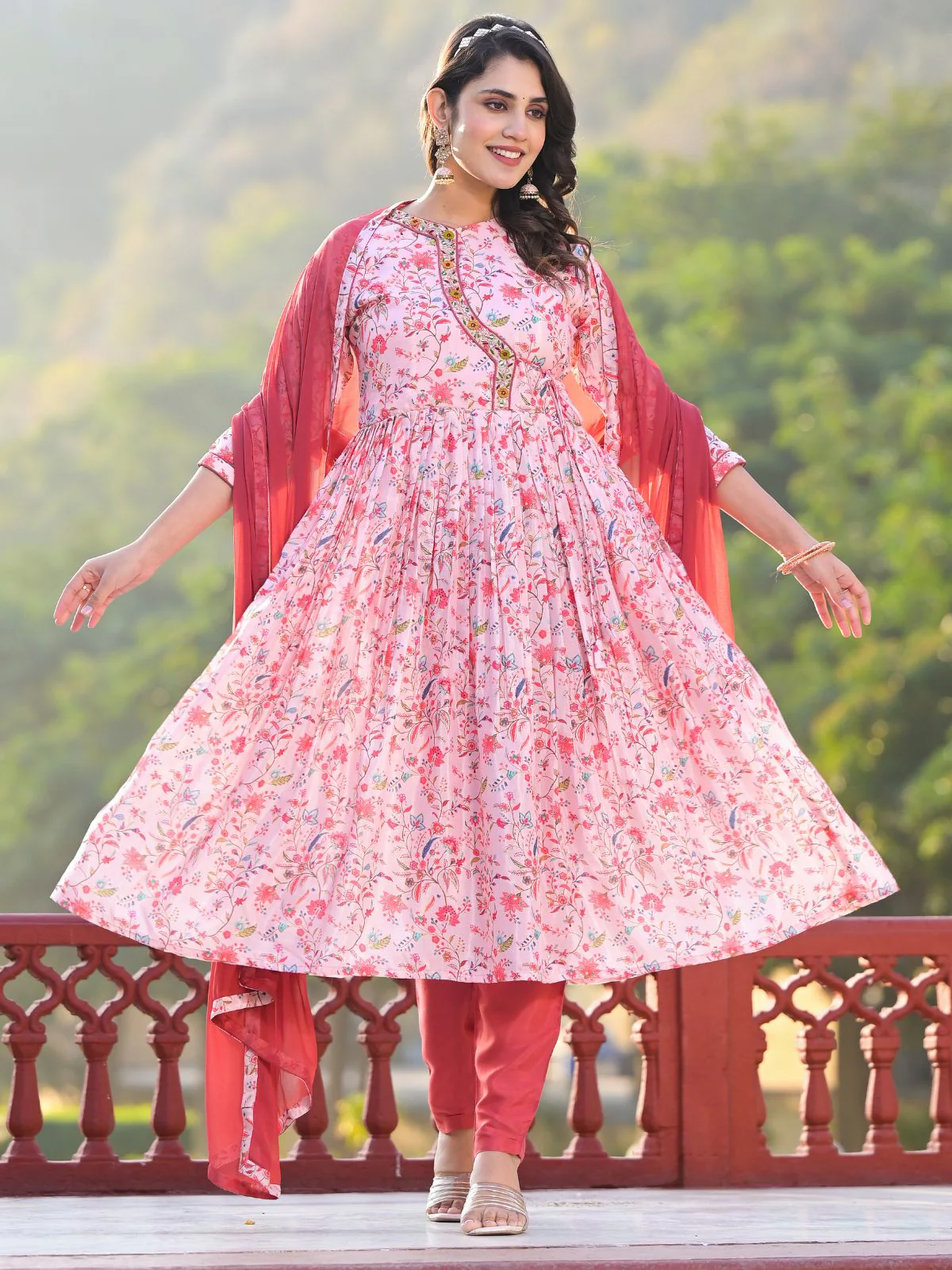 Odette Pink Printed Silk Blend Stitched Kurta Set For Women - Image 8