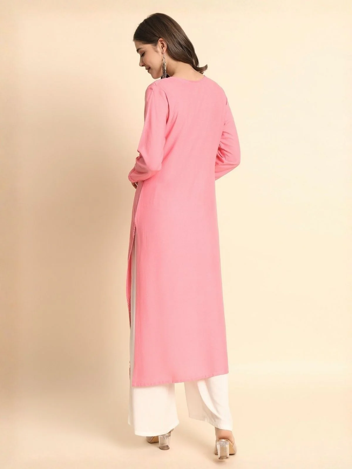 Odette Pink Rayon Embroidered Kurti For Women - Image 3