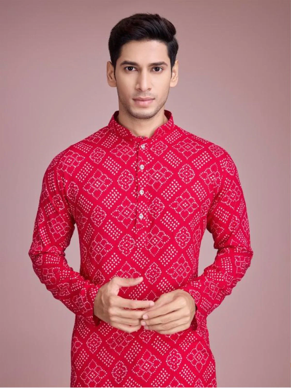 Odette Pink Rayon Printed Stitched Kurta For Men - Image 3