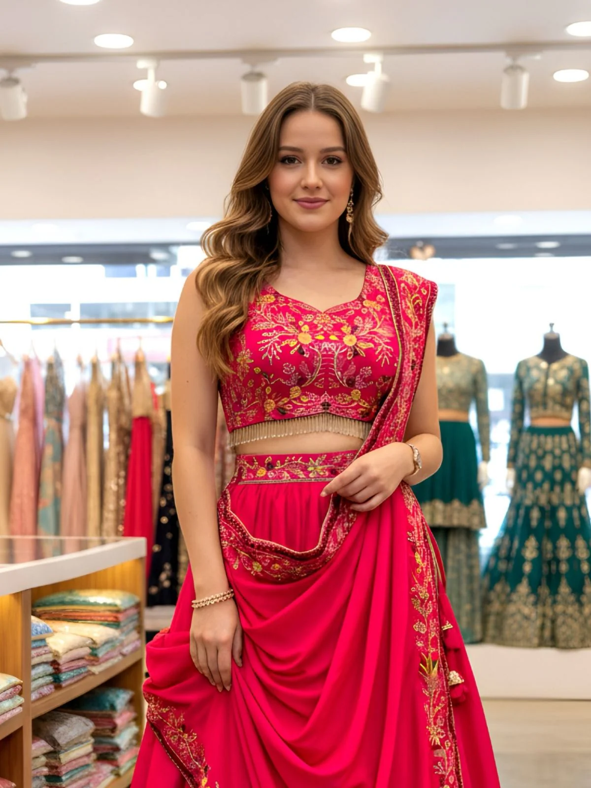 Odette Pink Satin Embellished Semi Stitched Lehenga For Women - Image 3