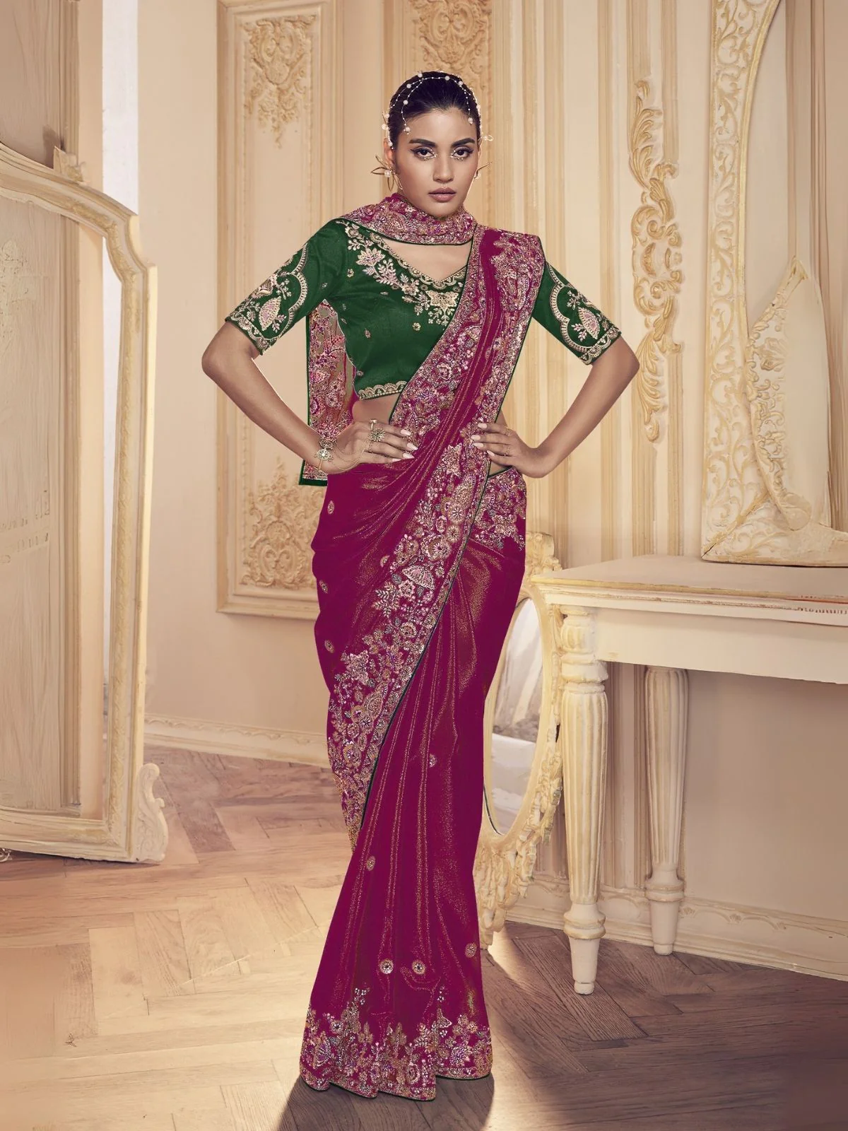 Odette Pink Satin Embroidered Elegant Saree For Women