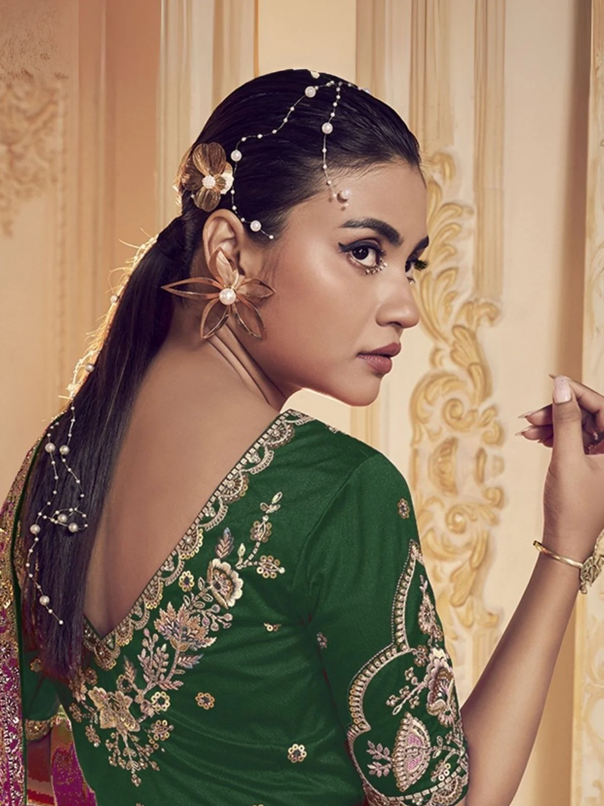 Odette Pink Satin Embroidered Elegant Saree For Women - Image 3
