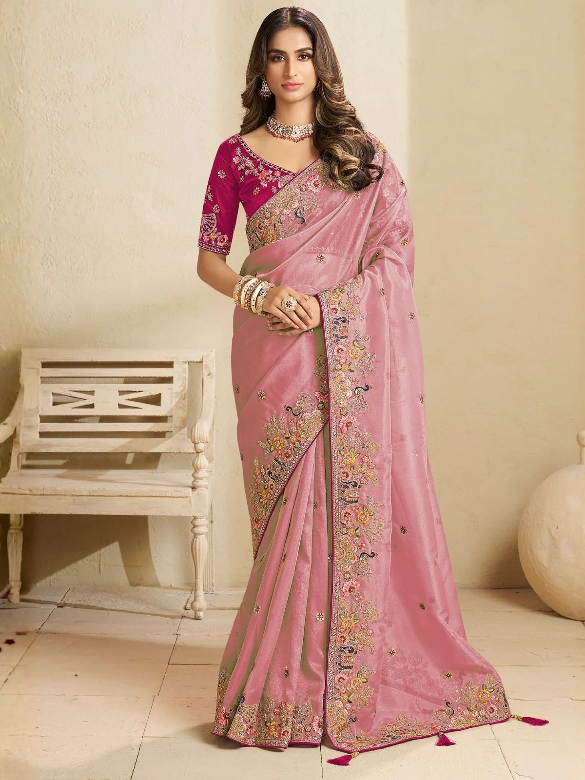 Odette Pink Satin Embroidered Saree For Women